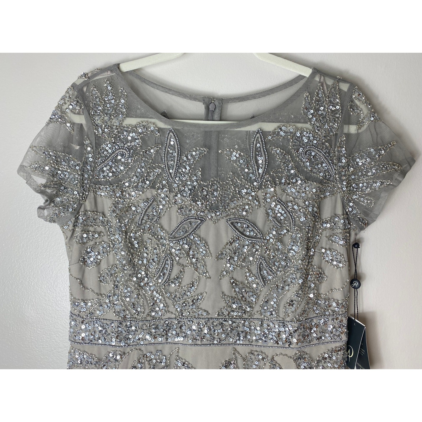 ADRIANNA PAPELL DRESS 14 SILVER SEQUIN BEADED WEDDING GUEST COCKTAIL PARTY SHORT