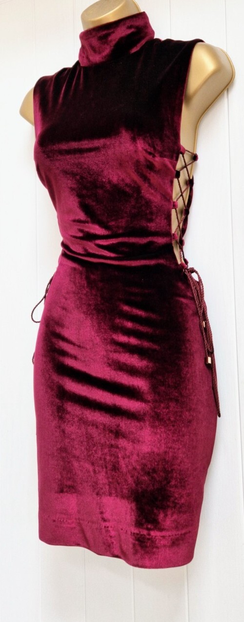 HOUSE OF CB Sukina Mulberry Velvet High Neck Laced Mini Evening Dress S UK 8 10