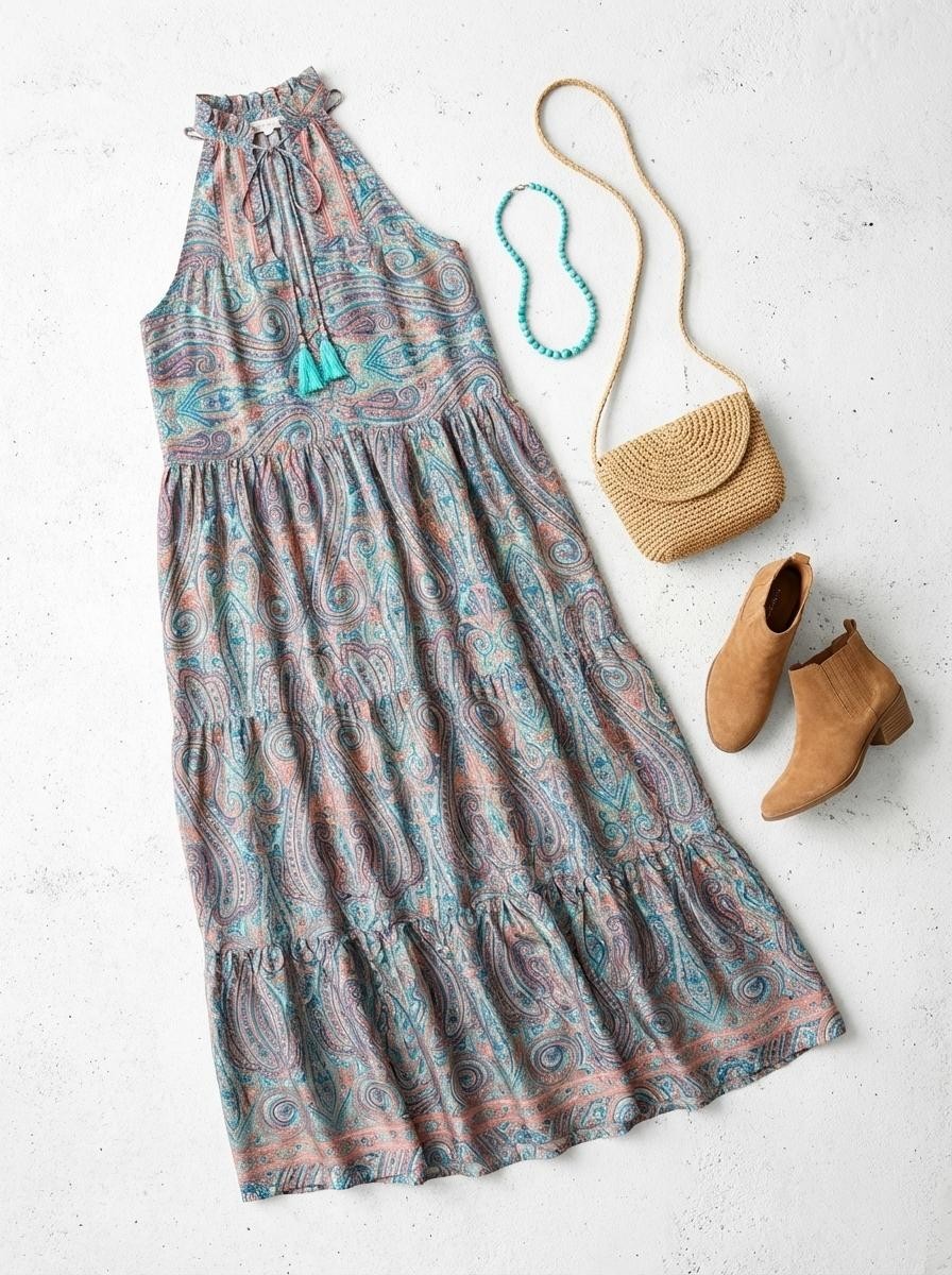 Rhea Women One Size Silk Blend Teal Pink Paisley Maxi Dress Boho Tiered Festival