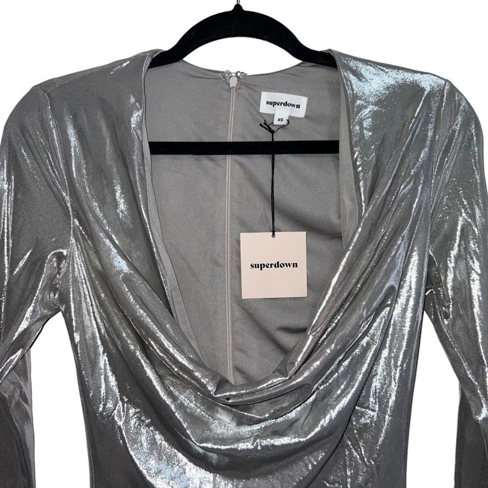 NEW NWT Superdown Gwen Long Sleeve Draped Neck Mini Dress Silver Metallic SZ XS