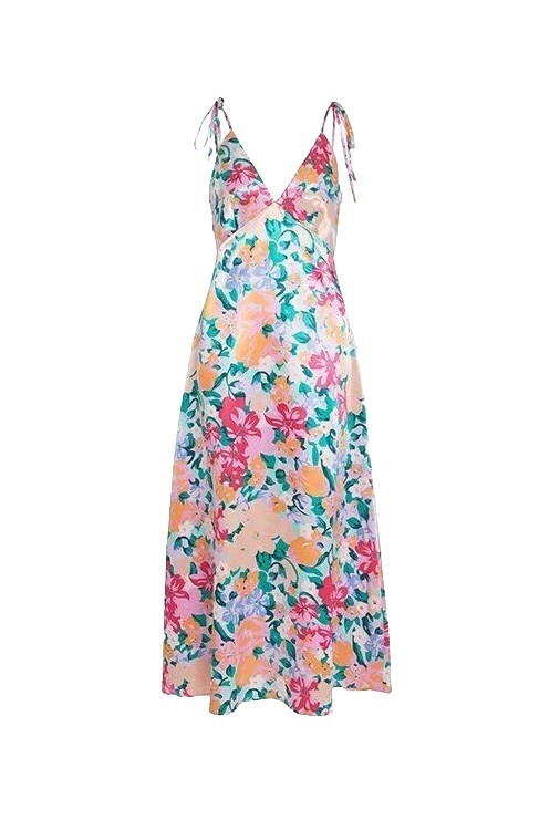 VILA Viximena Midi Dress Pink Satin Yarrow Floral Print Strappy EU 42 / UK 14