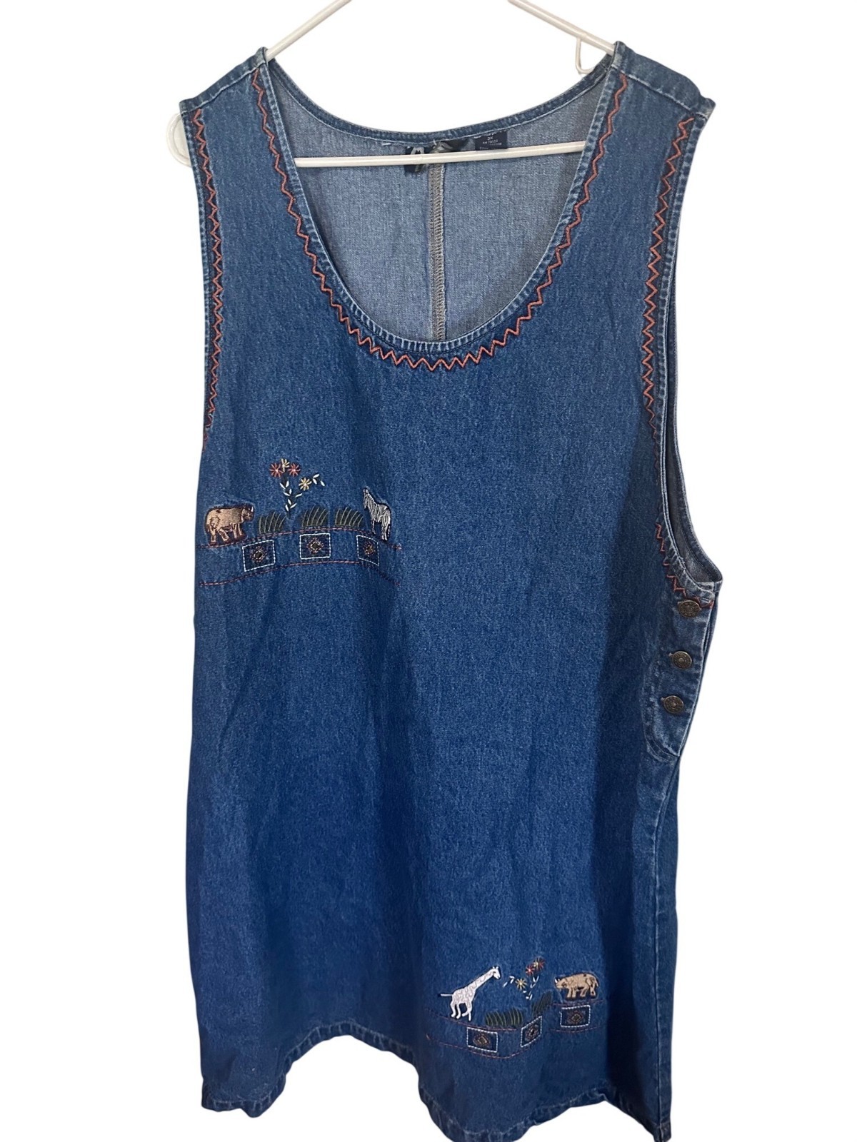 M.P.H. Blues blue denim dress with embroidered ryno,zebra,flowers size 3X
