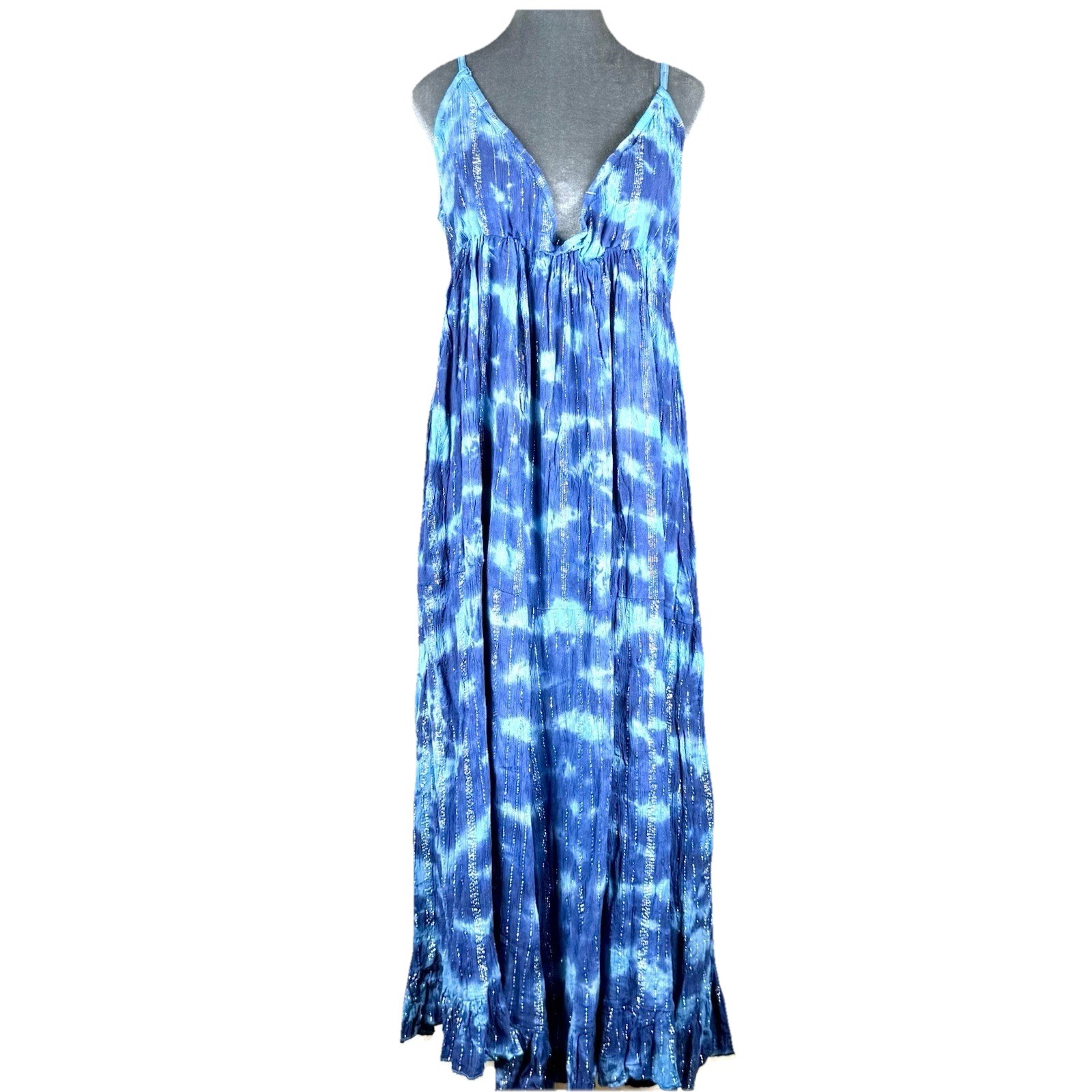 Long Maxi Dress Medium Blue Tye-Dye Adjustable strap Shimmering Lined Cotton M&L