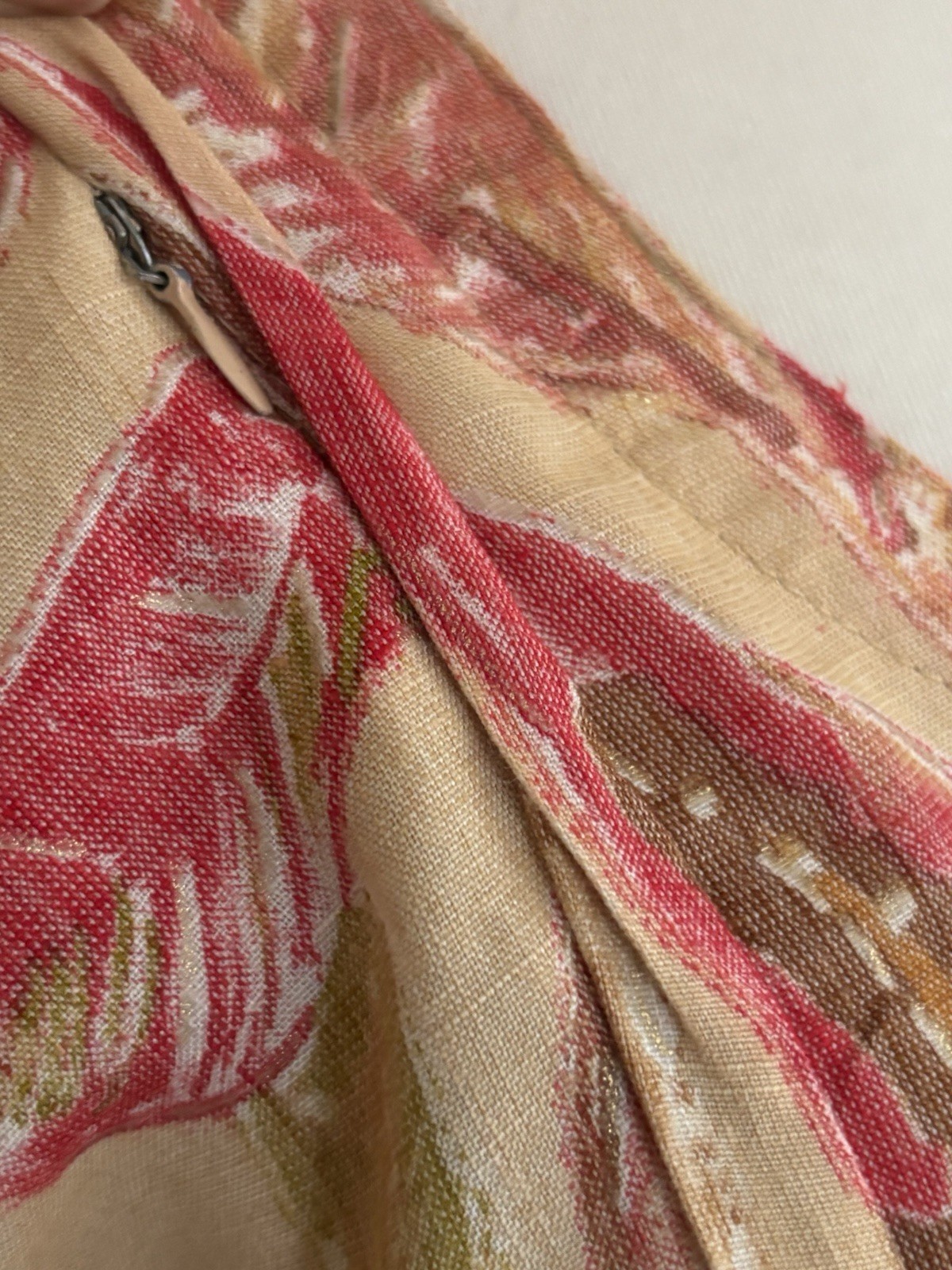 HOOH Pink Tan FOLIAGE Print BUTTON Tie Back NURSING Dress 12 14 L42” ARTY Zips