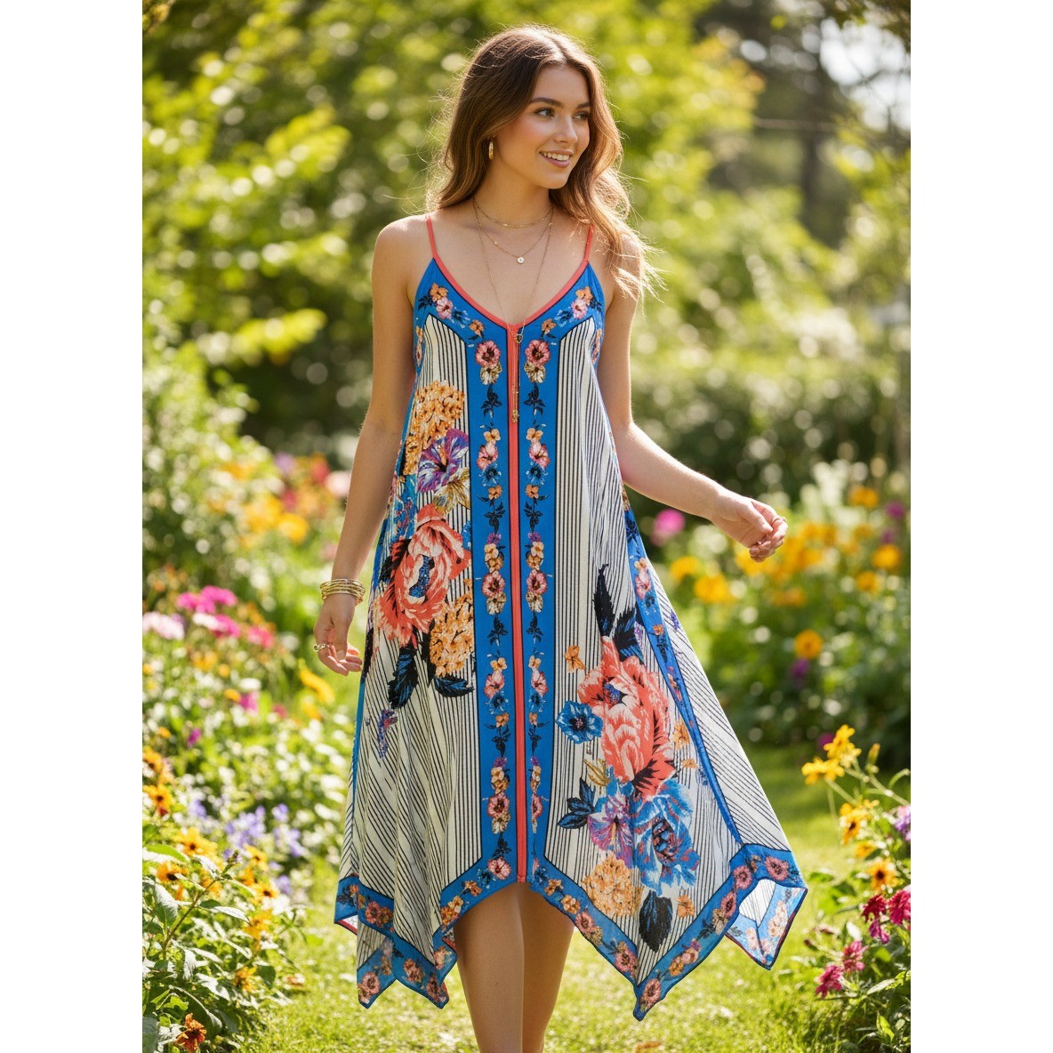 Flying Tomato XS Midi Dress Blue Floral Sundress Boho Tropical Resort Tiki Indie