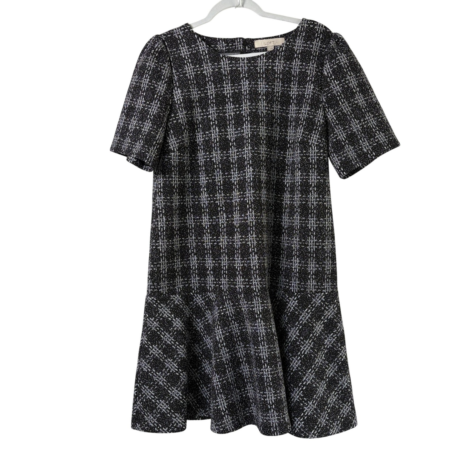 LOFT Plaid Drop Waist Dress Womens L Black White Tweed Print Ruffle Puff Sleeve