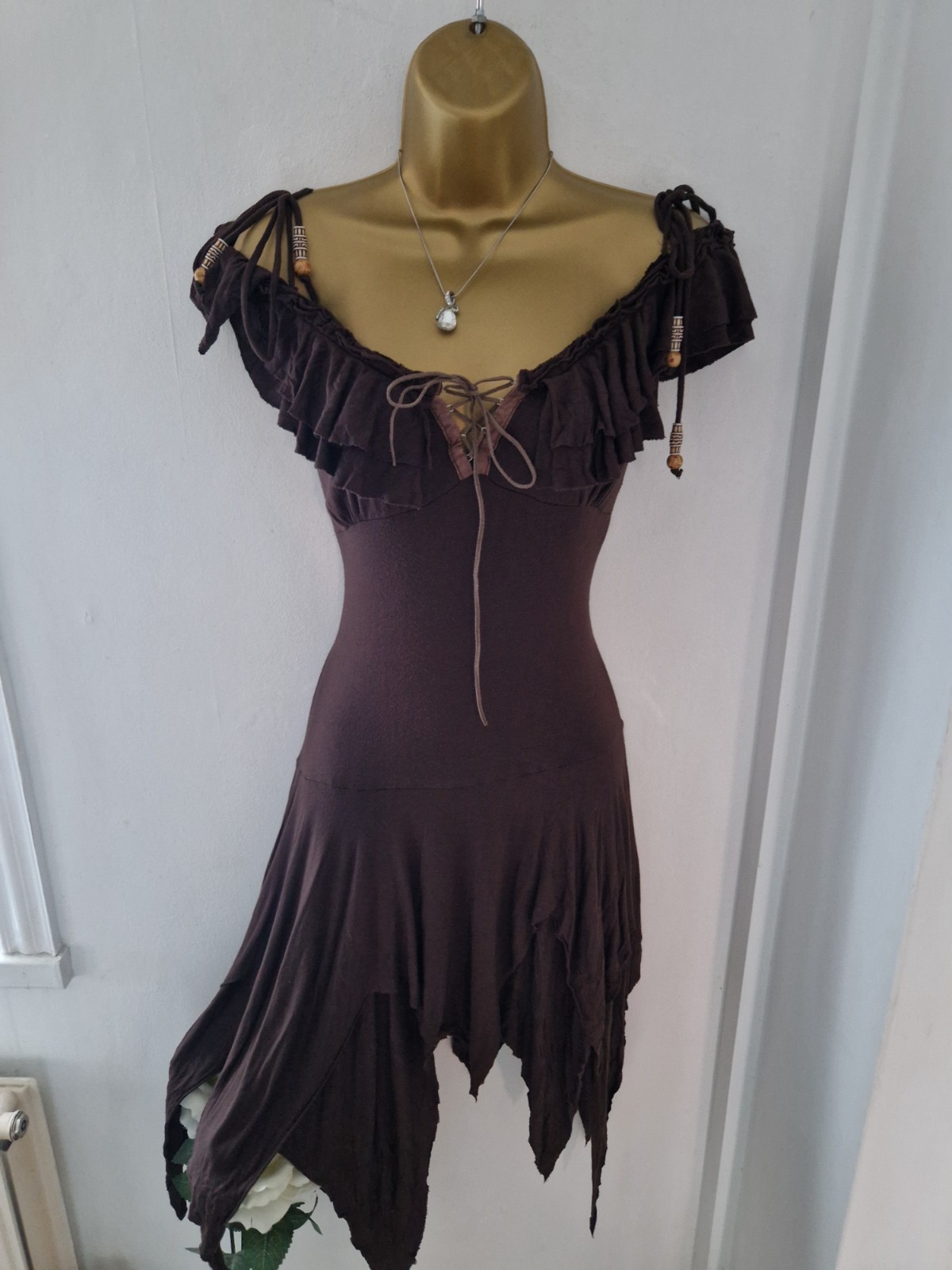 🤎 Rare Stunning Jane Norman Brown Milkmaid Fairy Boho Dress 10/12 🤎