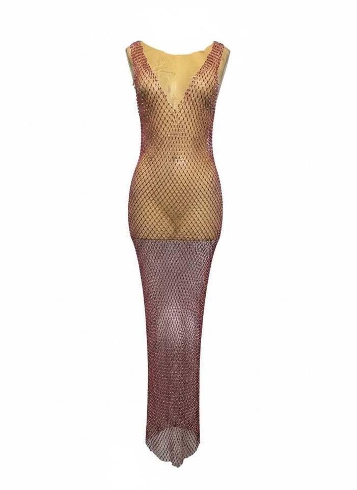 Pink Rhinestone Fishnet Maxi Dress