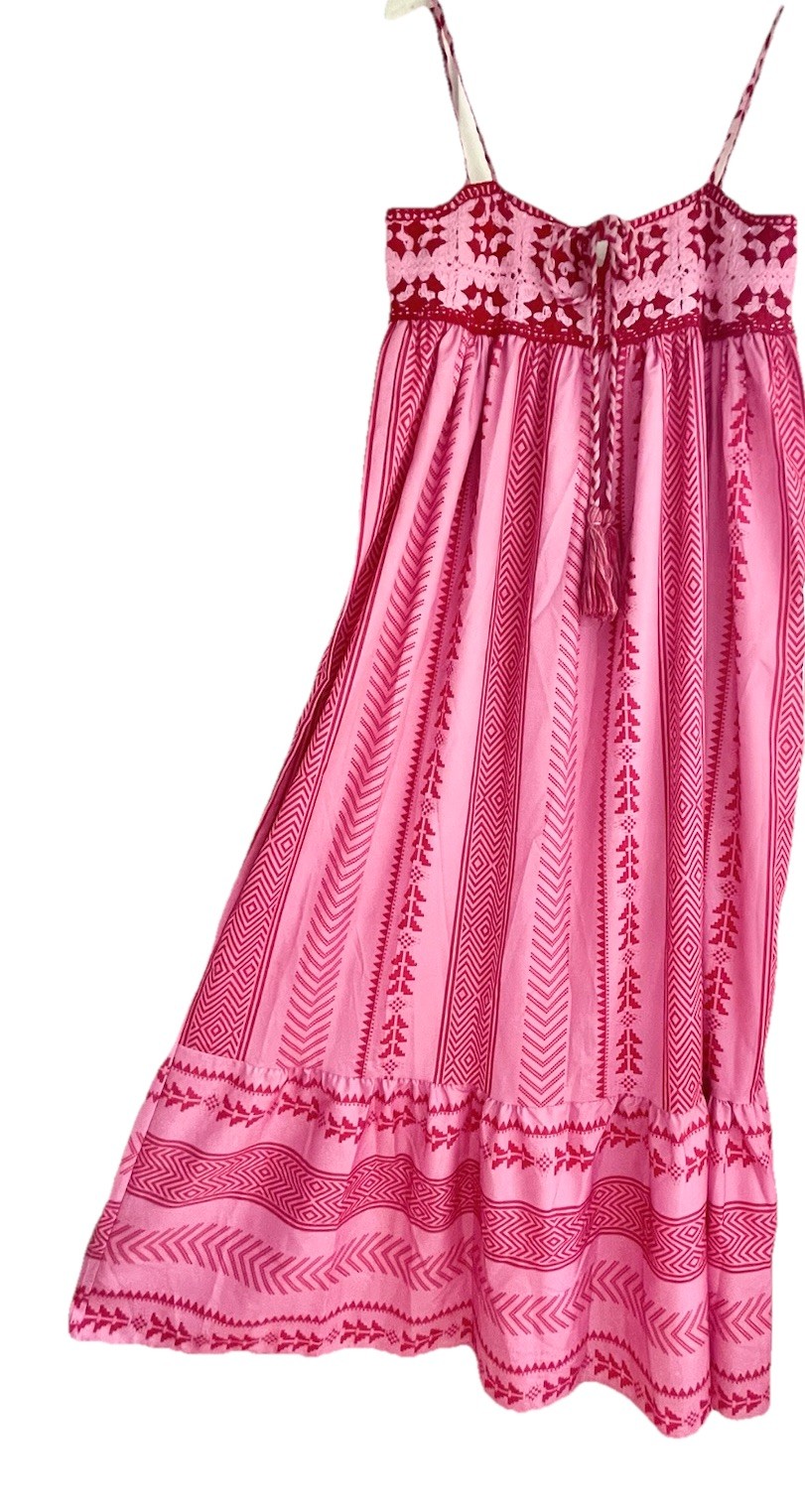 Women Sz L Boho Maxi Dress Crochet Patchwork Sleeveless Long Flowy Swing Dress
