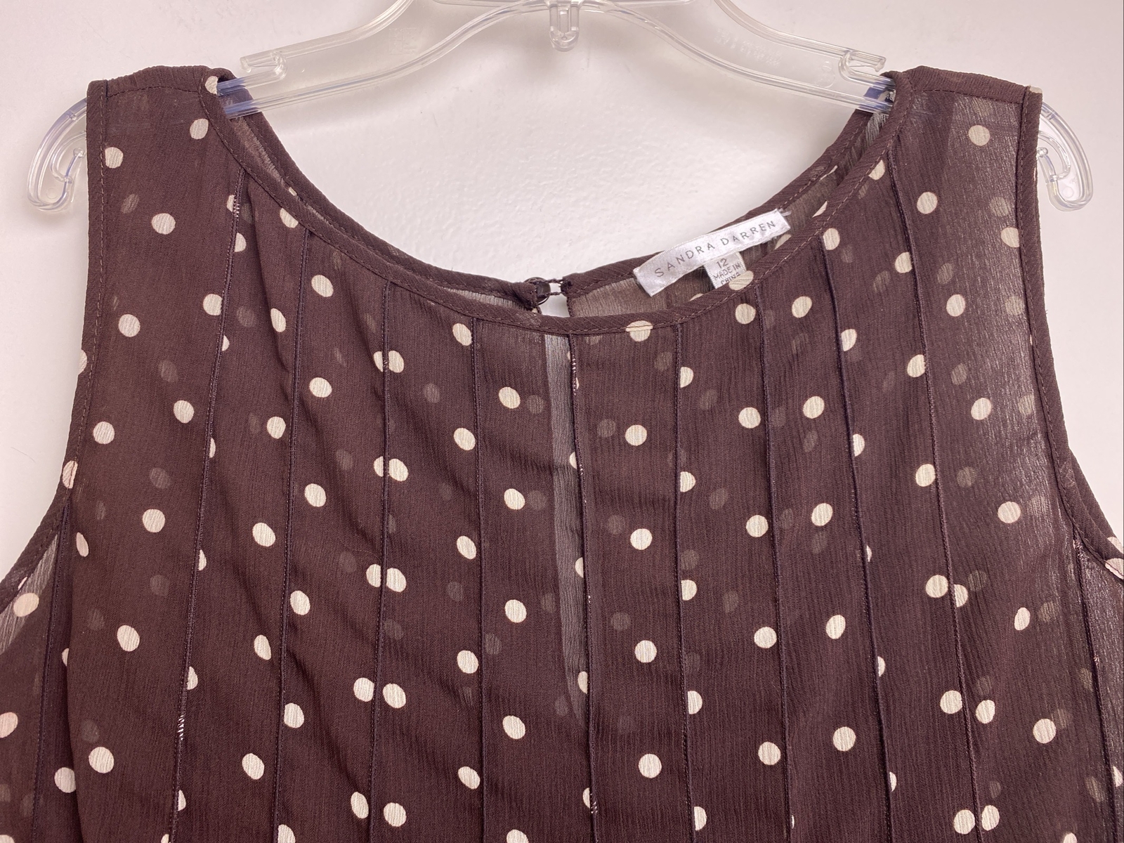 Brown White Polka Dot Sheer Lined Sleeveless Ruffle Dress Sz 12 Pretty Woman