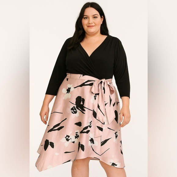 R&M Richards Womens Black Pink Floral Dress Wrap Design Tie Waist Elegant