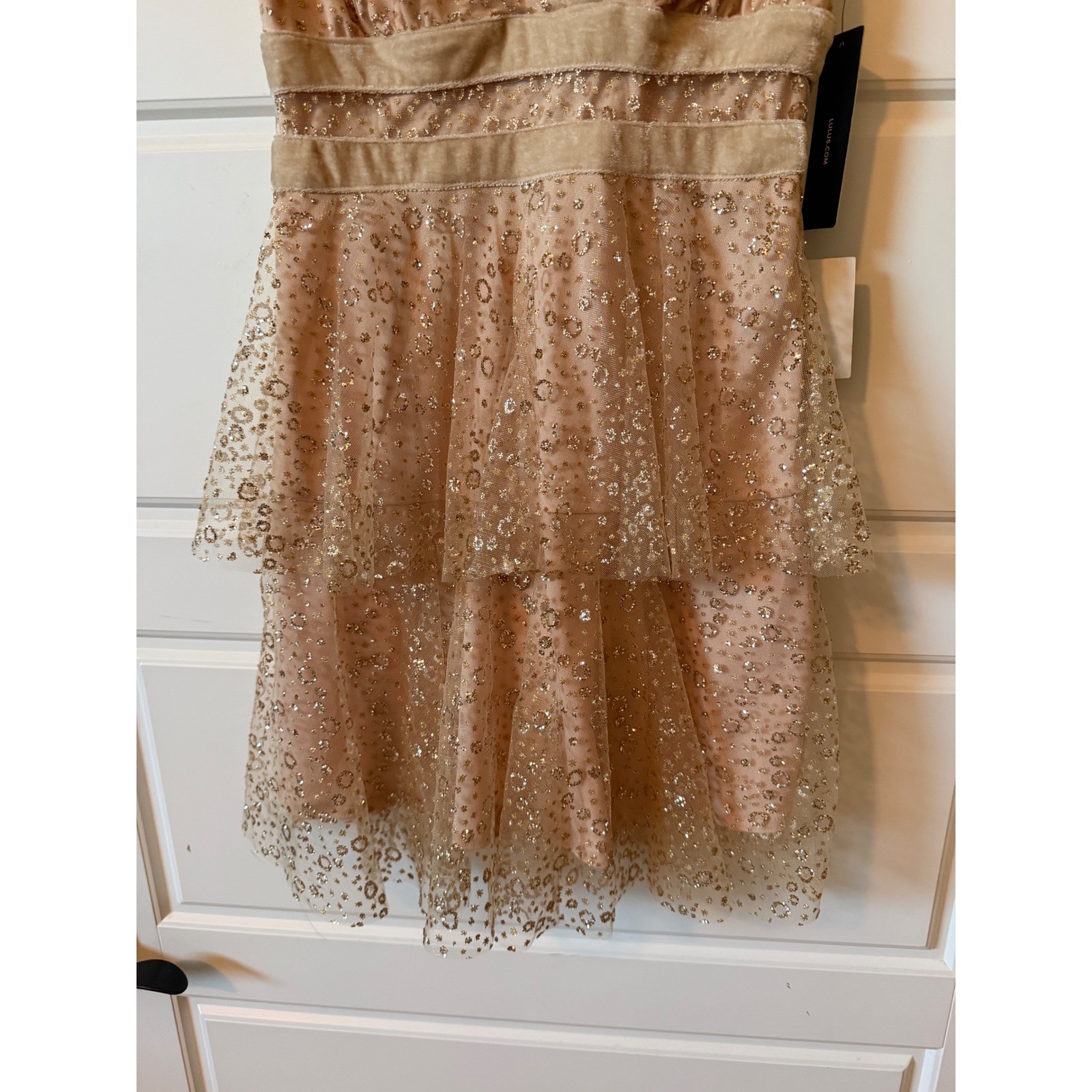 Lulus Champagne Gold Glitter Tulle Tiered Mini Dress Small Fairycore Glam