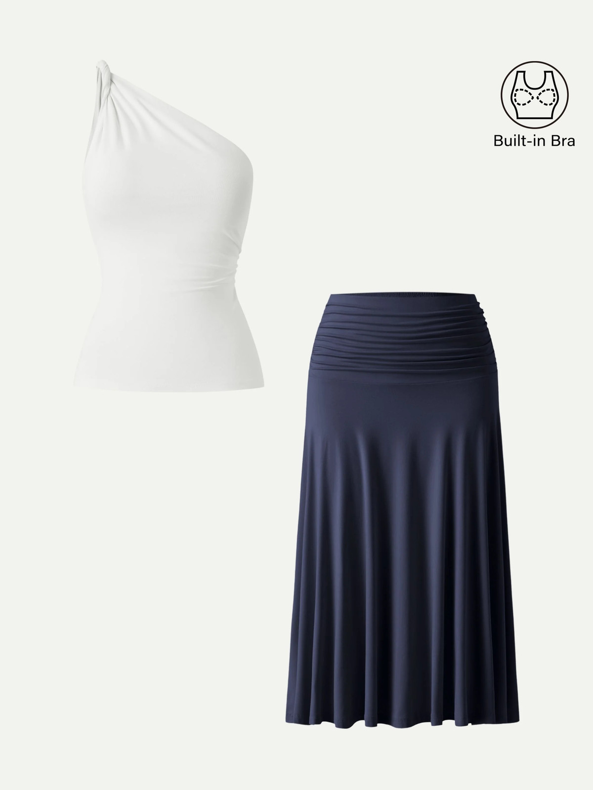 OGL 2Pcs Set One Shoulder Twisted Bra Tank & Side Ruched A-line Midi Skirt