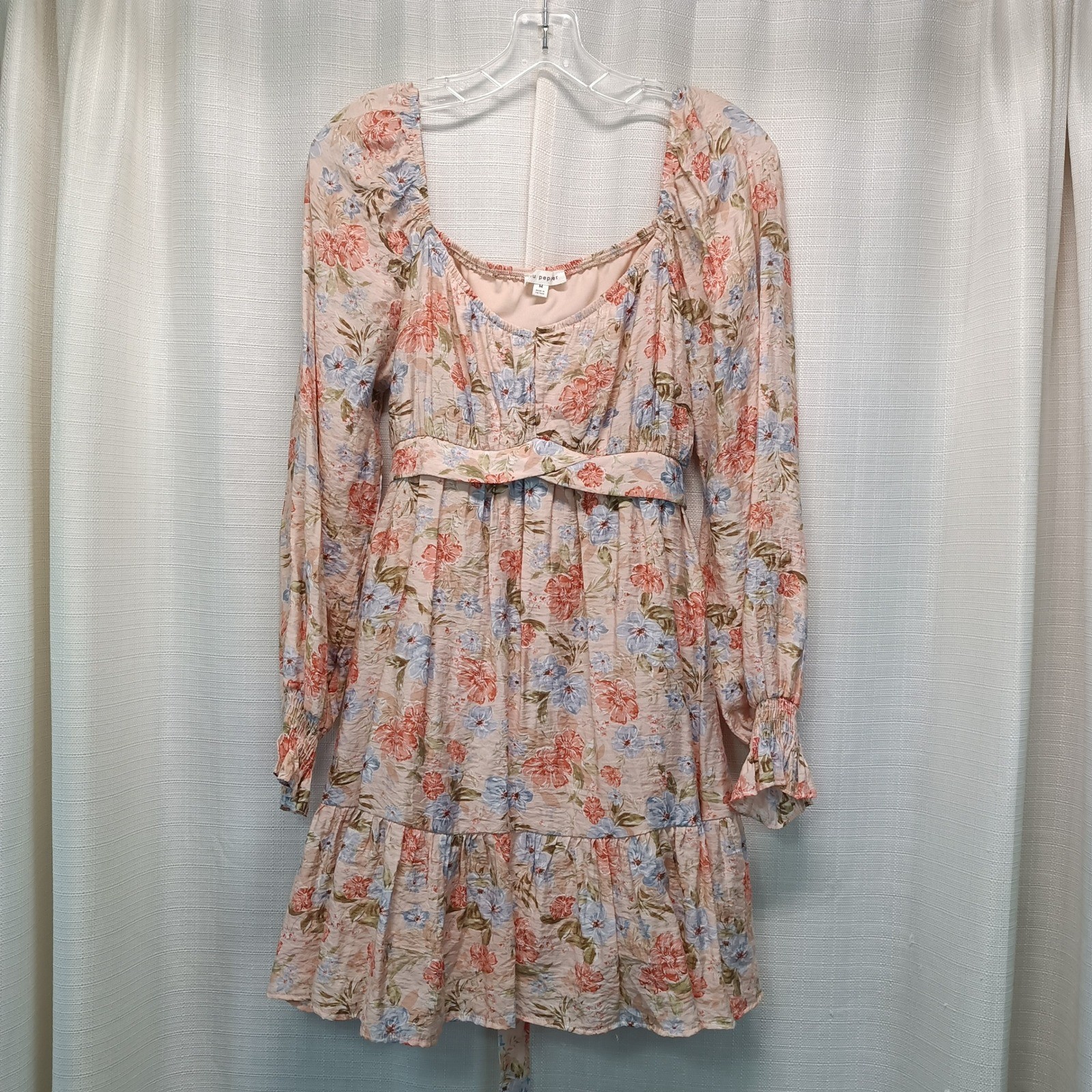 Blu Pepper Floral Square Neck Mini Dress Peach Blue Cottagecore Womens M Lined