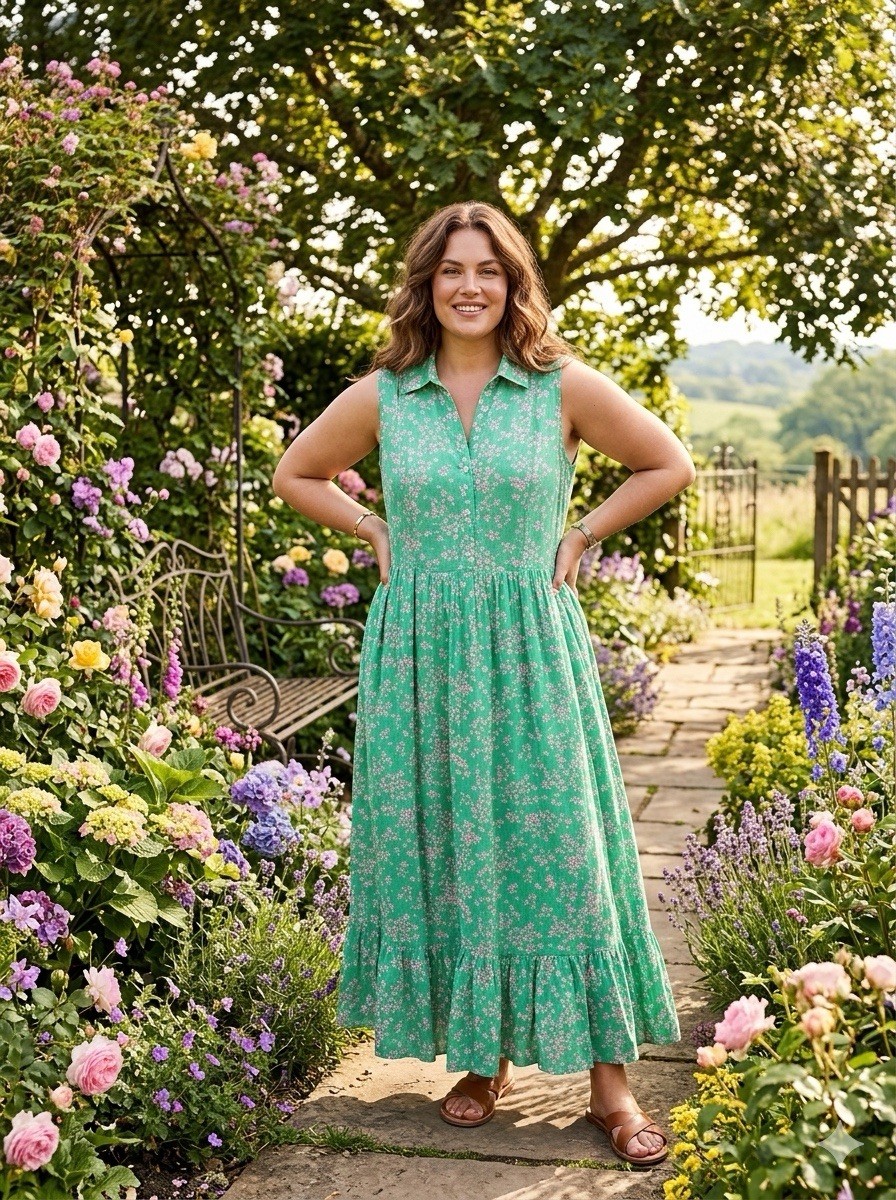 Draper James RSVP Green Pink Floral Sleeveless Tiered Maxi Shirt Dress Sz L