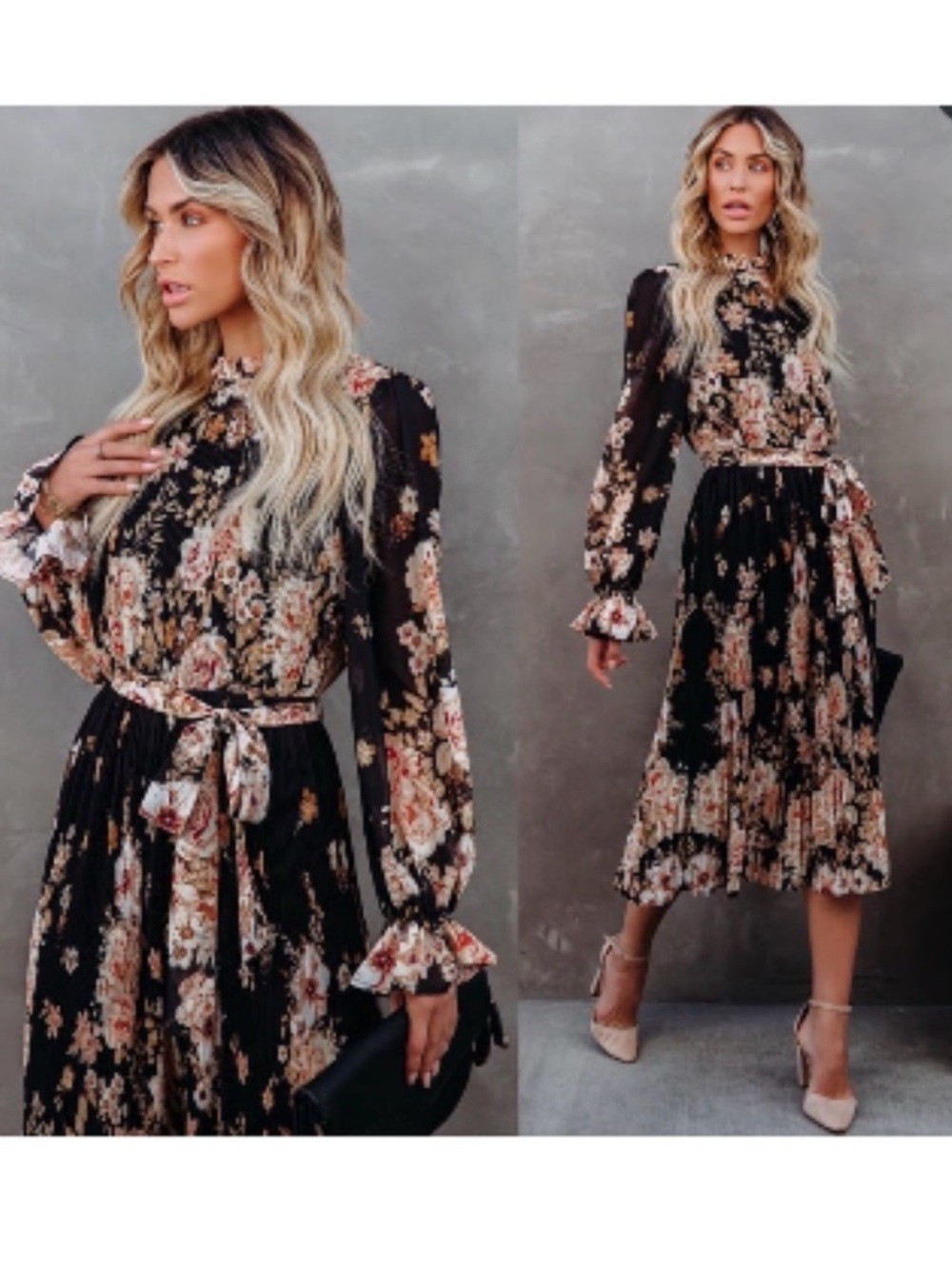 Vici Black Floral Pleated Midi Dress with Blush and Cream Accents