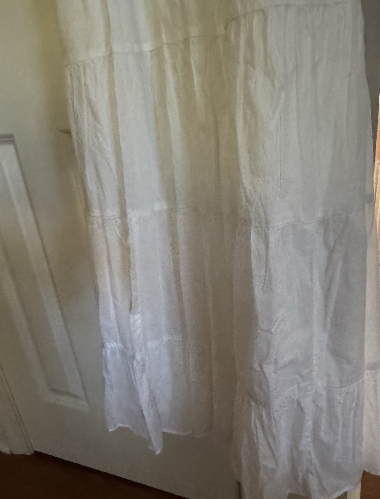 Long, White Linen-like Sun Dress S-6. Neck Ruffles. Sleeveless. Lined. Pockets.