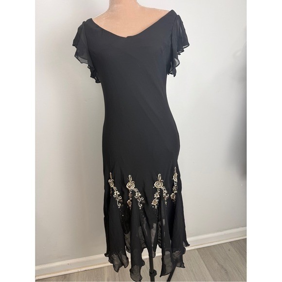 S.L. Fashions Black Midi Dress with Gold Floral Embroidery