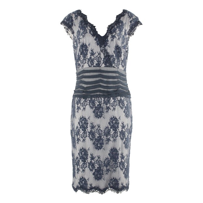 Tadashi Shoji 10 Navy Lace Overlay on Gray Viscose Cotton Nylon Poly Dress