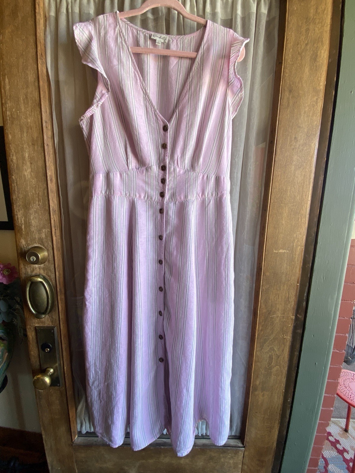 Wonderly Button-Front Sleeveless Striped Midi Dress with Ruffle Sleeves Pink