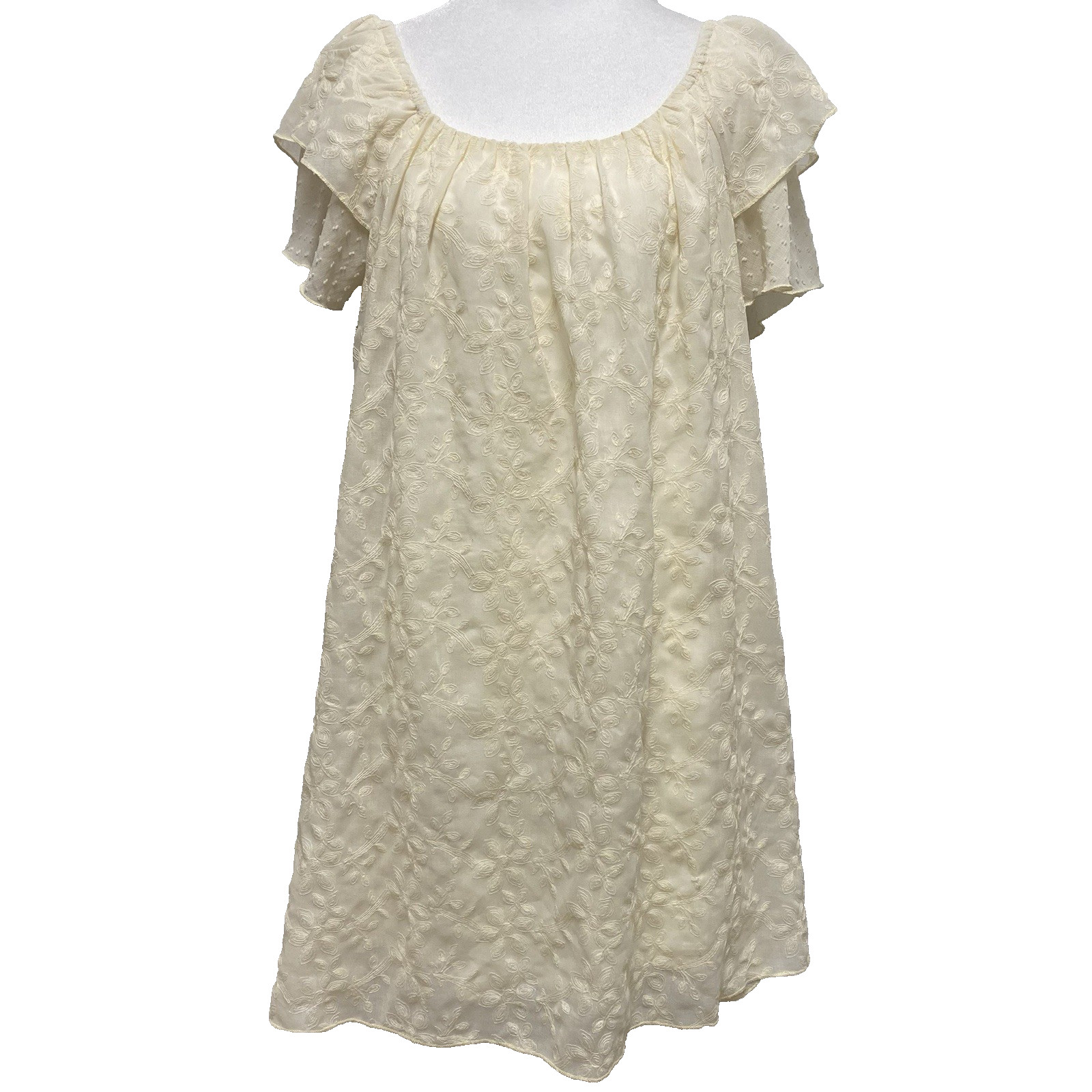 Urban Romantics Mini Dress Sz L Ivory Embroidered Babydoll Boho Cottage Coastal