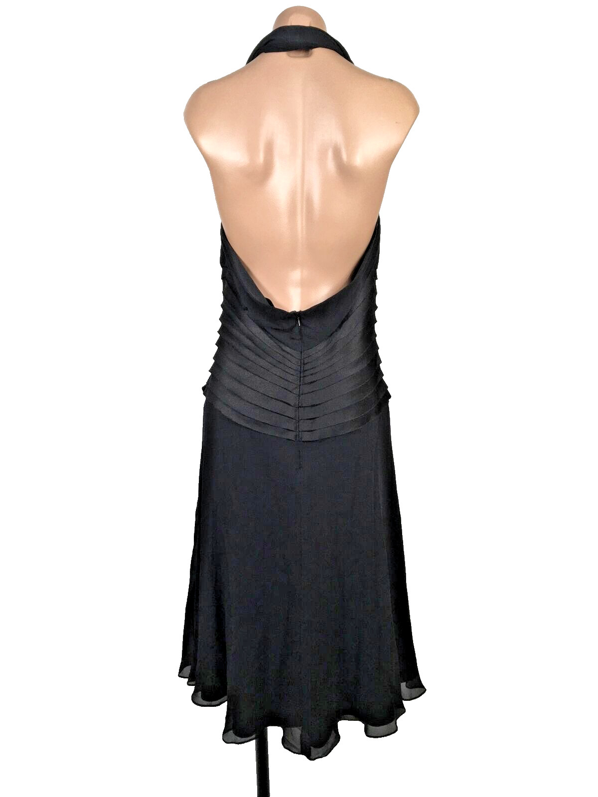 Silk Dress Tadashi Collection Black Pleated Halter Flare Cocktail Sz L 12 Formal
