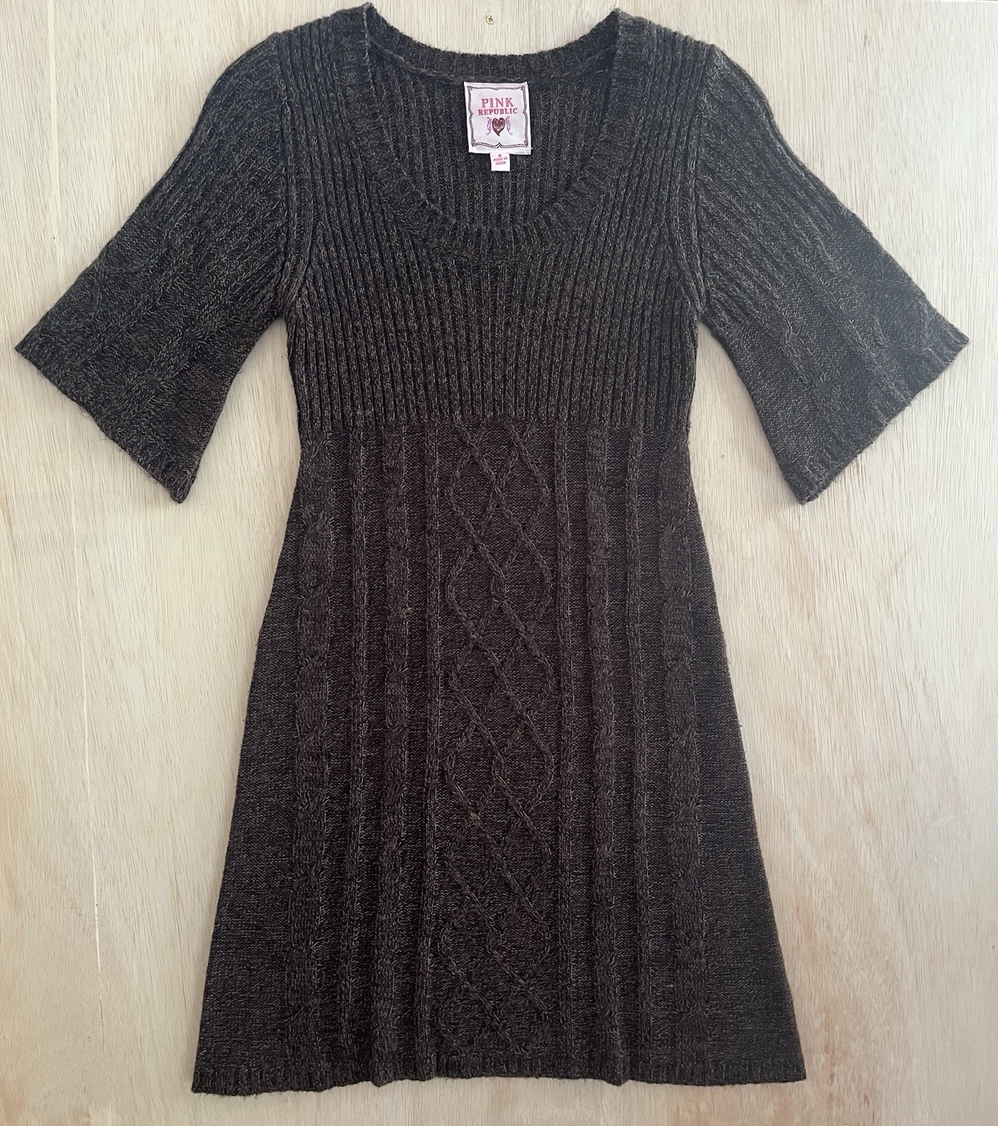 Pink Republic Brown Knit Sweater Bodycon Dress Bell Sleeve Rib Cable Size S Y2K