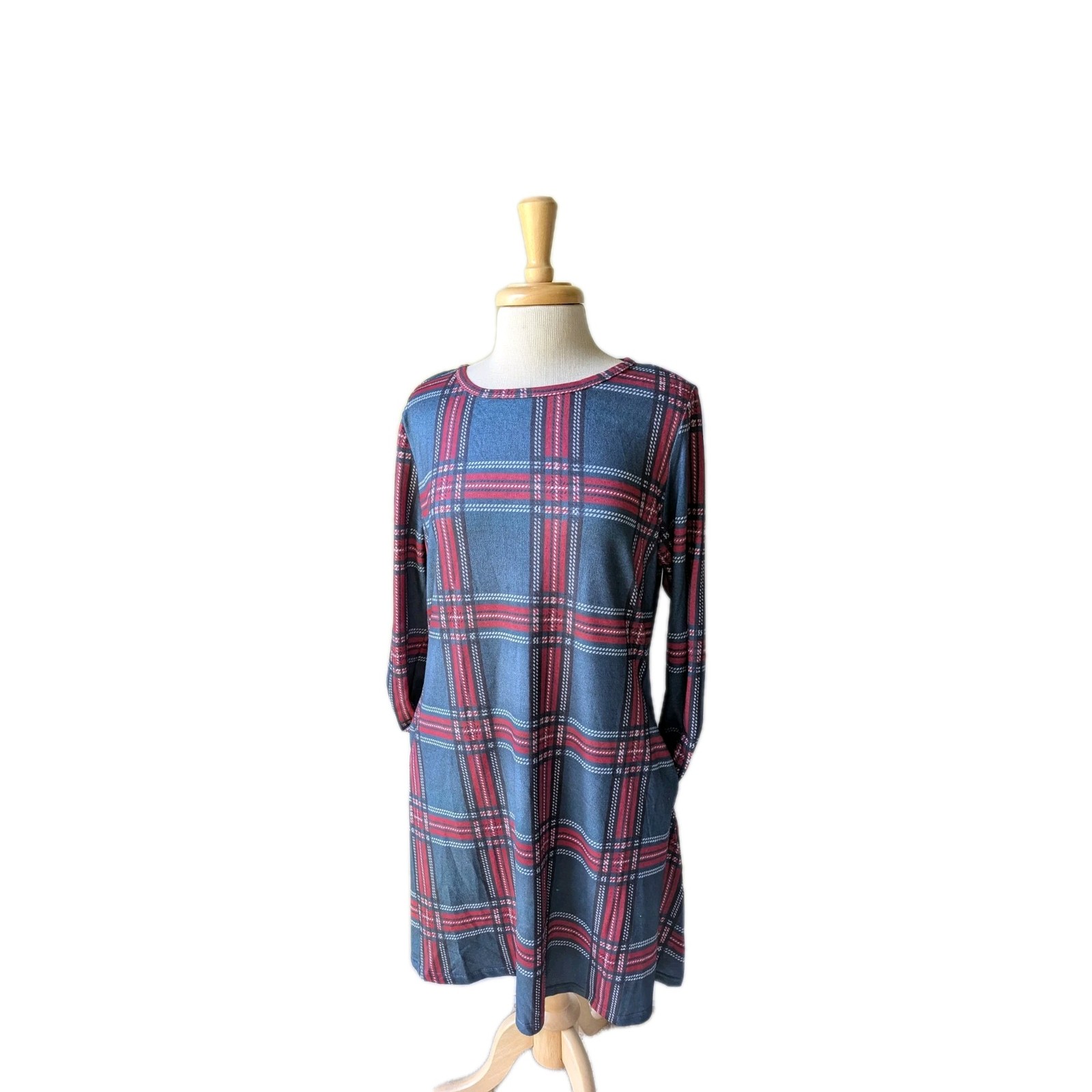 NWT Size L MIROL Holiday Christmas Pockets GREEN RED WHITE PLAID Mid Swing DRESS