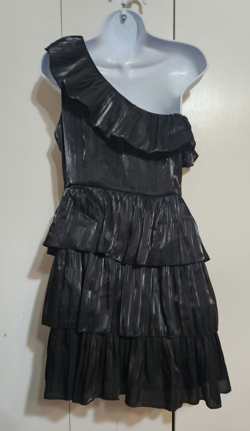 TCEC Black One Shoulder Ruffle Tiered Dress M Shimmer Pleated Mini Cocktail