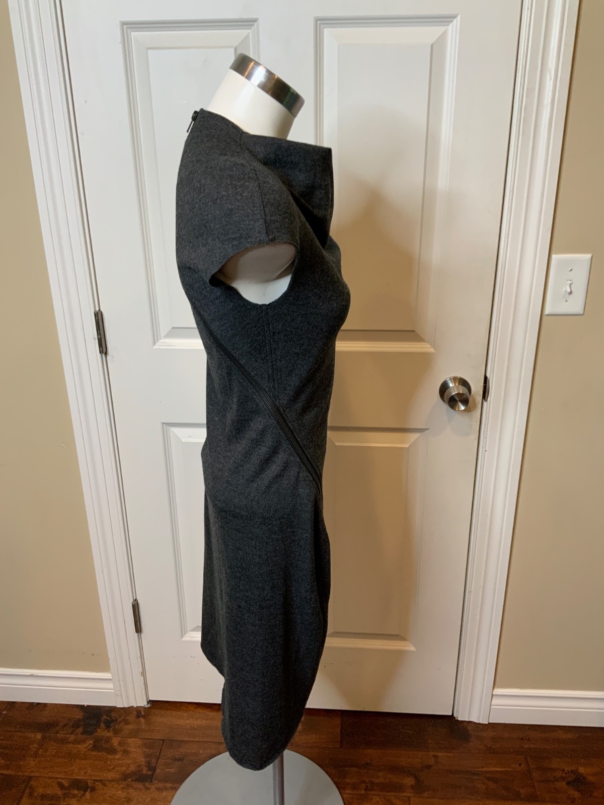 Helmut Lang X Barneys Gray Wool Sleeveless Asymmetric Zip Pencil Dress, Size S