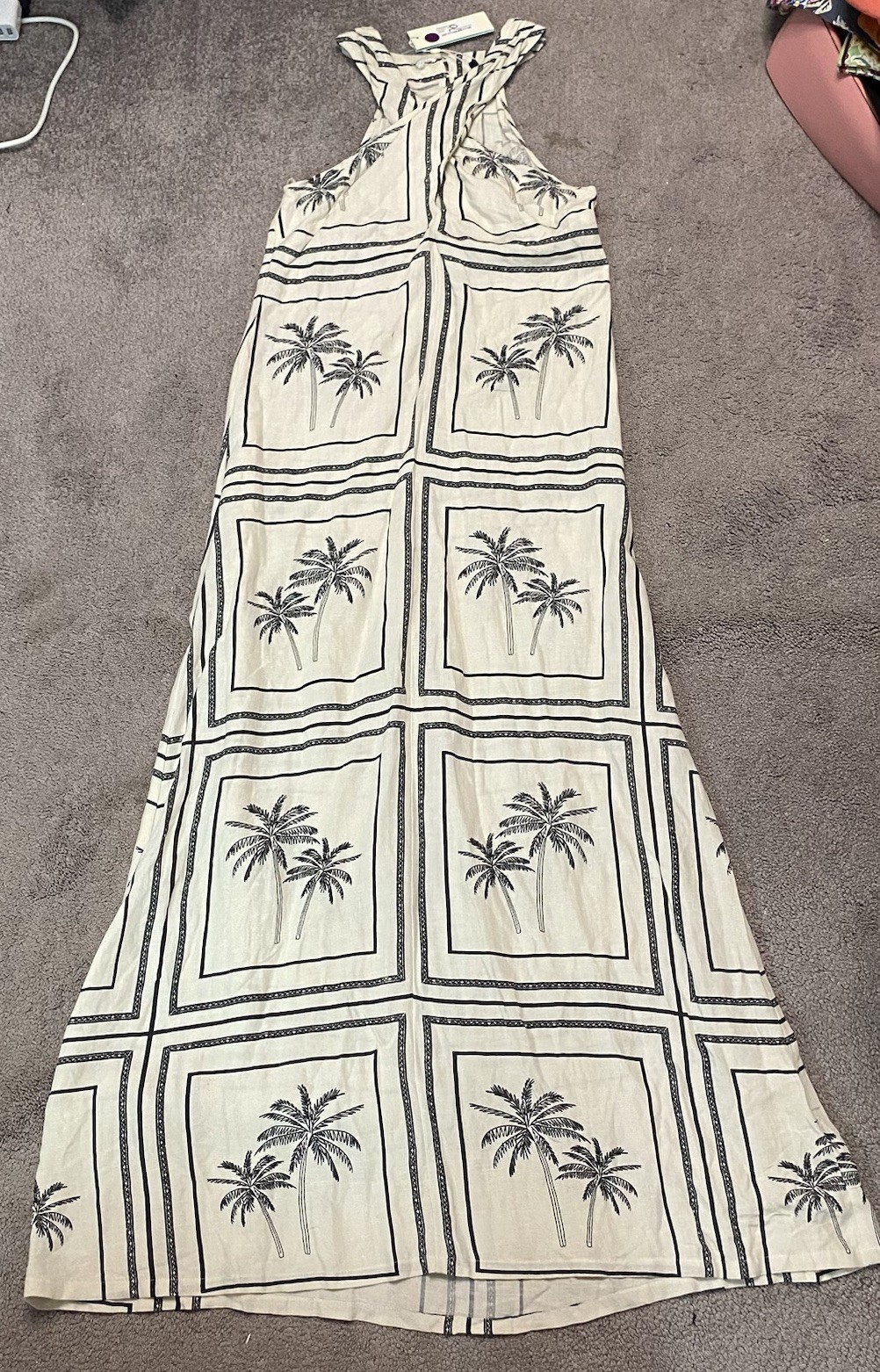 Shore Brand Malia Maxi Dress Ivory&Black Palm Trees Tropical Vaca XS NWT $298