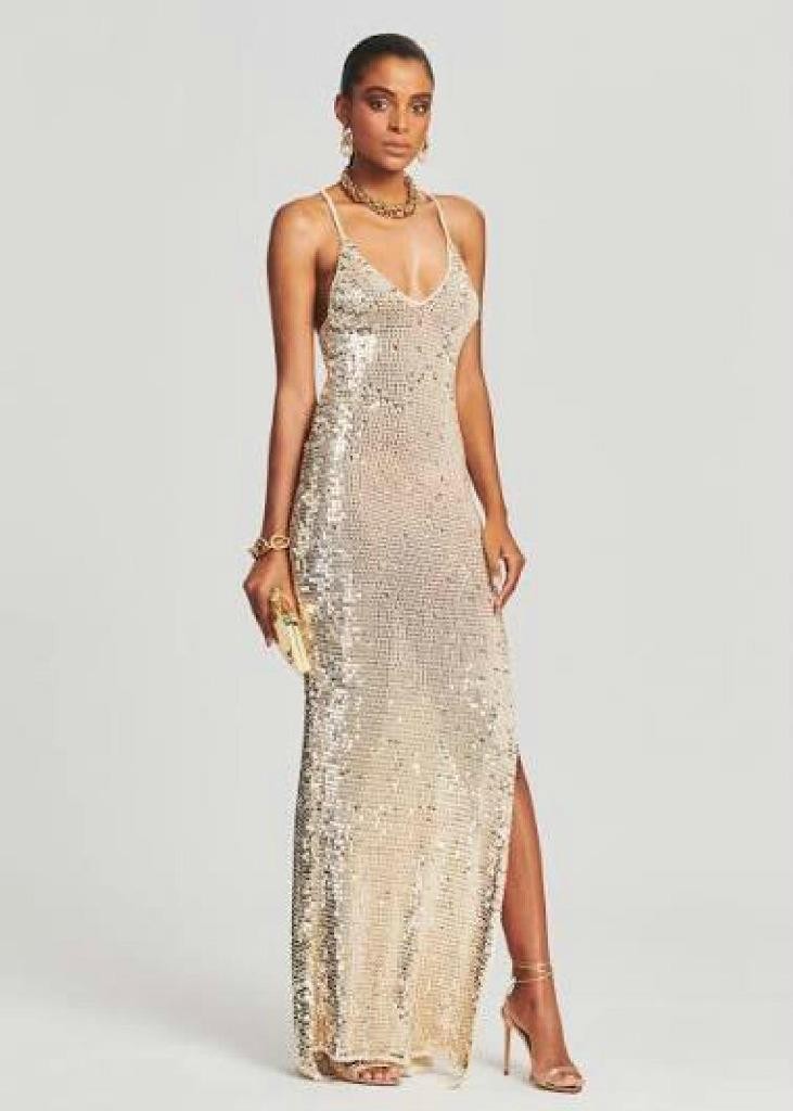 RETROFETE MARIE IVORY & GOLD SEQUINED CROCHET MAXI DRESS SZ.XS