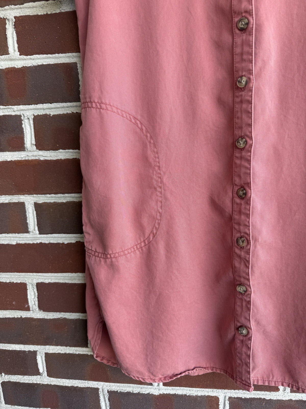 Lucky Brand M Salmon Lyocell Twill Shirt Dress Short Sleeve Button Front Pockets