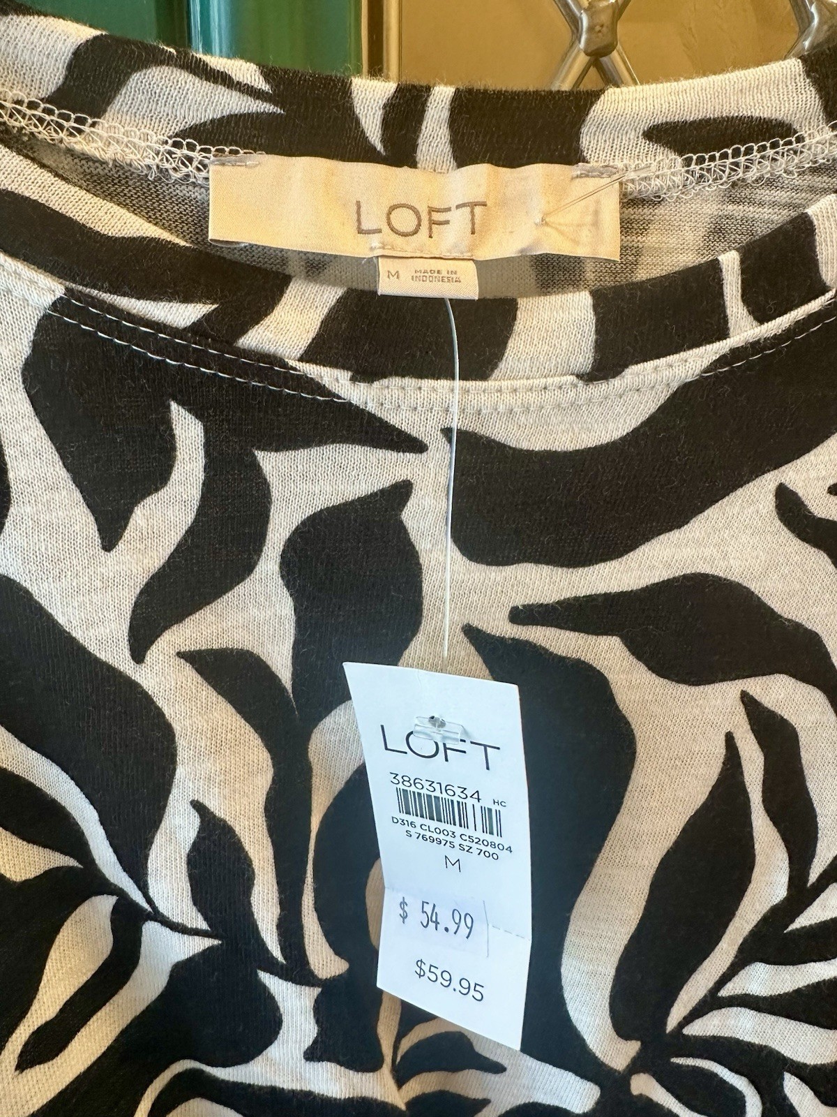 Loft Black White Tropical Palm Leaf Faux Wrap Dress Sz Medium Short Sleeve