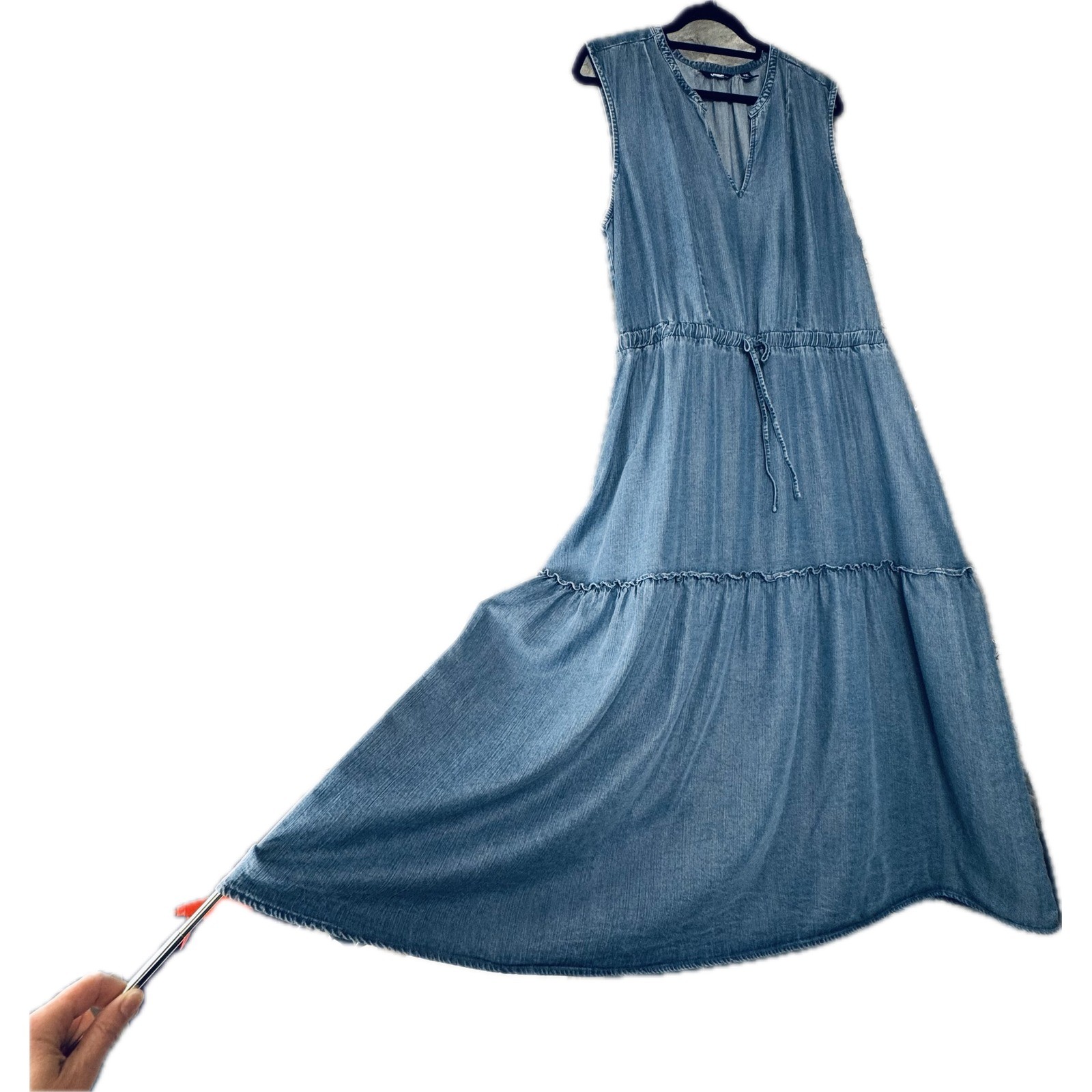 Blue Chambray Tier Prairie Midi Sleeveless Dress 2XL Plus Cottage Cowgirl V-Neck