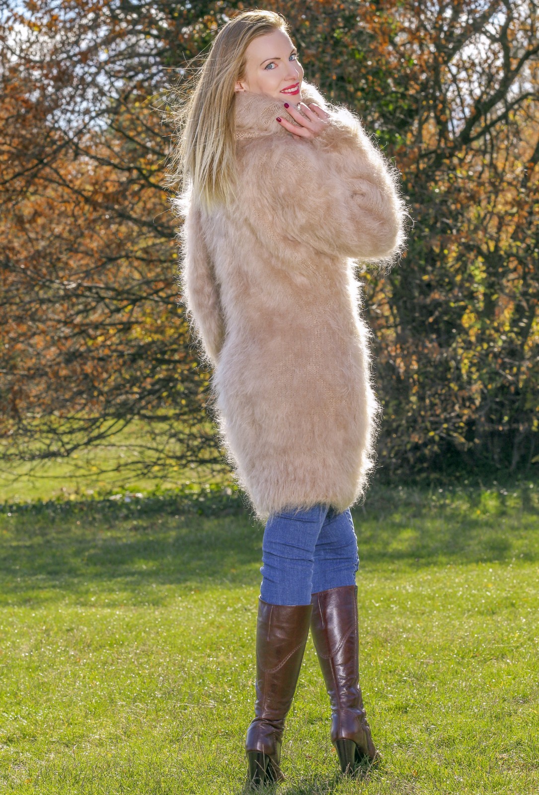 Fuzzy beige mohair dress handmade sweater with extra long turtleneck size L