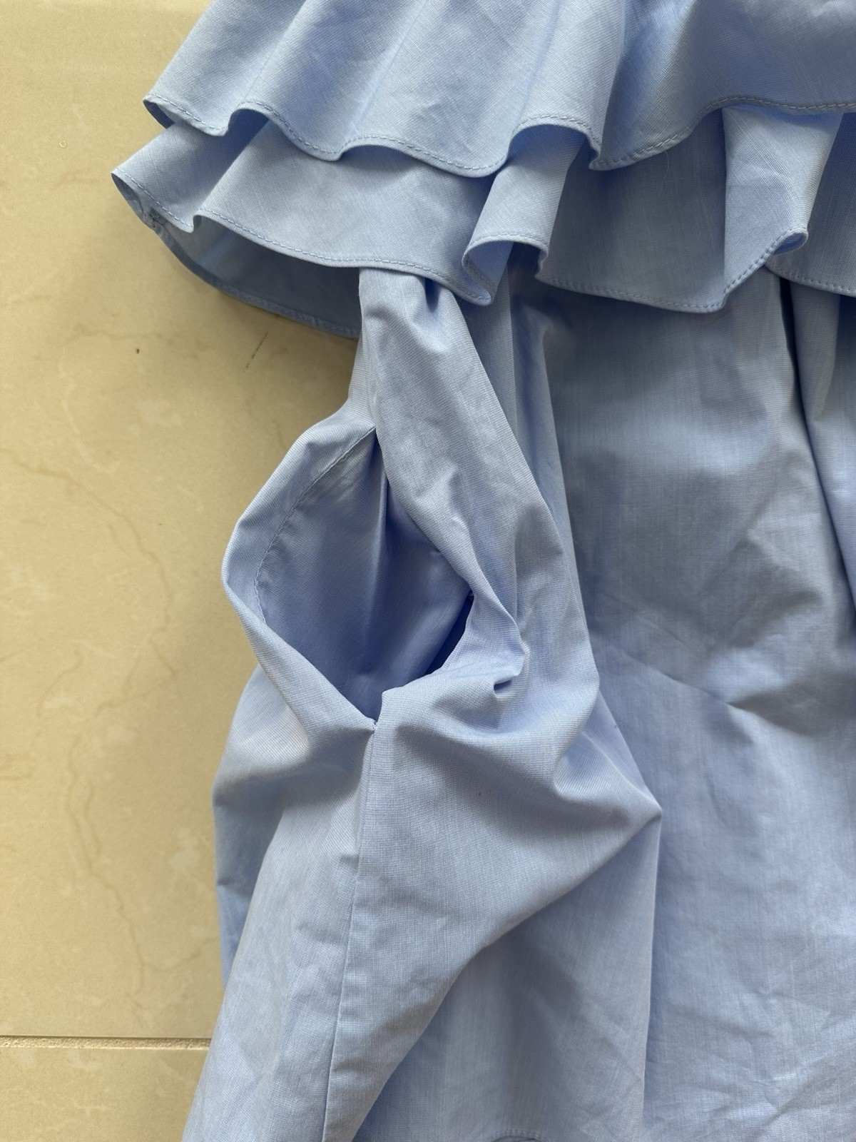 NWOT Zara Trafaluc Blue Tiered Ruffle Mini Dress Womens Tie Shoulder Pockets SzL