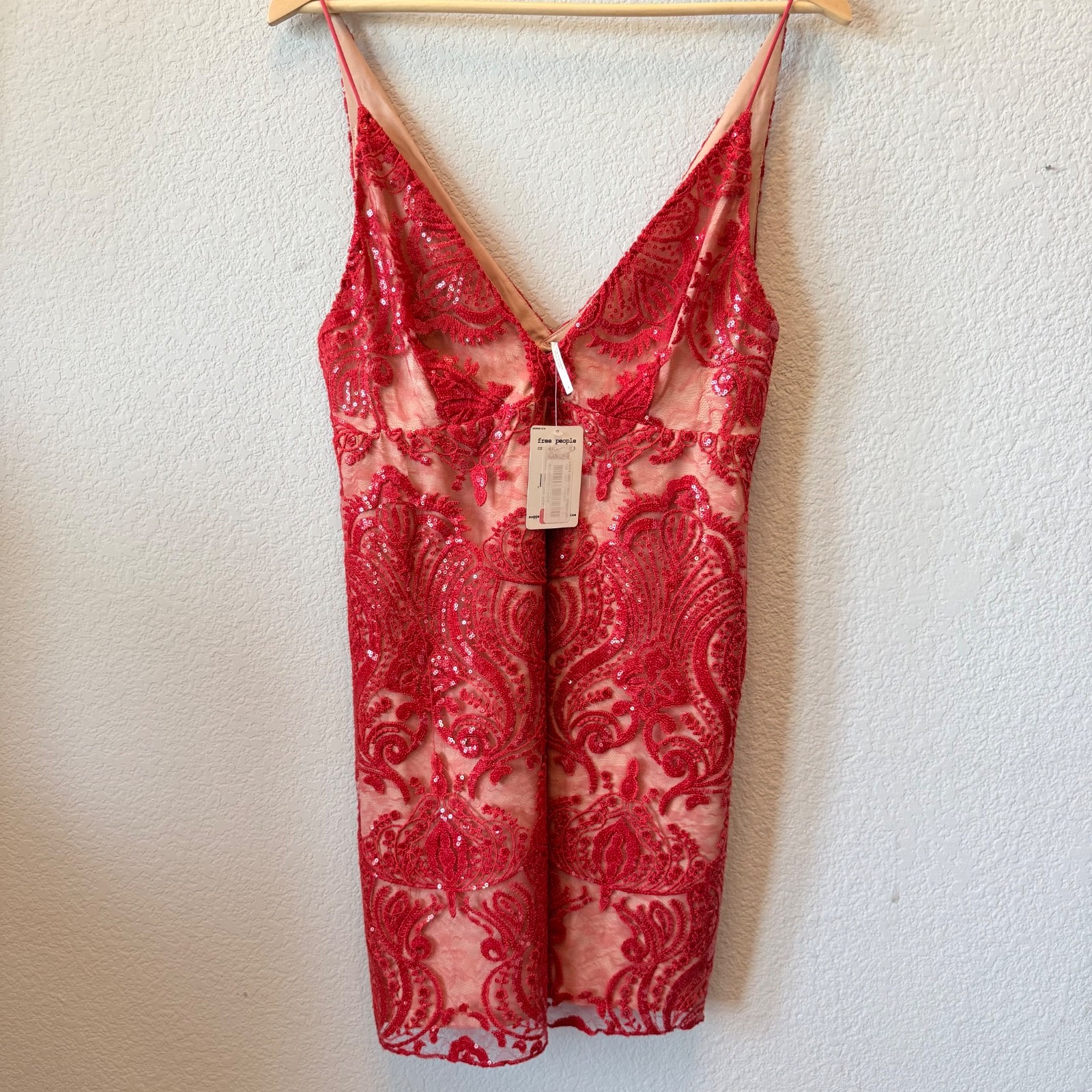Free People Night Shimmer Mini Dress Embroidered Sequin Cocktail NWT Women 8 Red