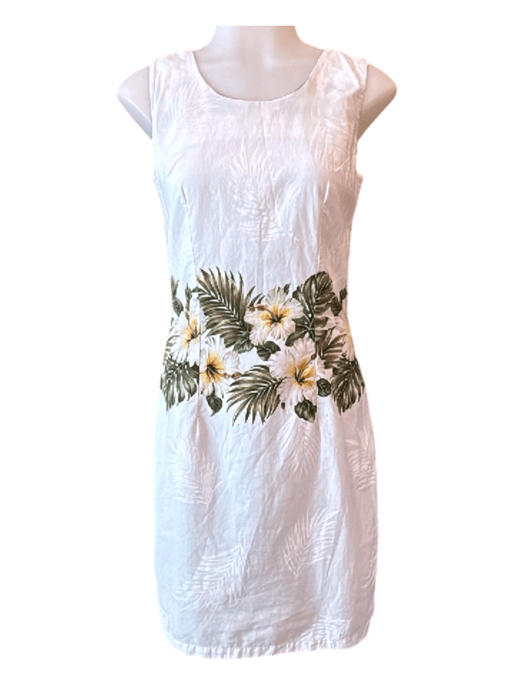 KY’S MADE IN HAWAII Vintage White Hibiscus Border Print Cotton Sheath Dress 1980