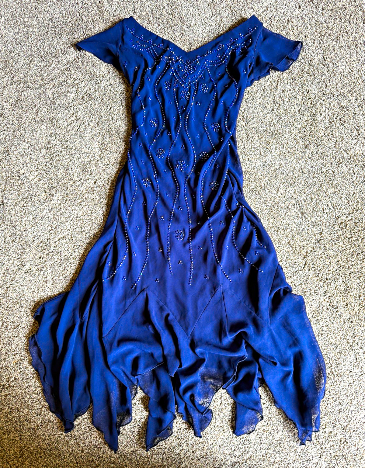Vintage 90s Whimsigoth Navy Asymmetrical Beaded Handkerchief Hem Dress Womens 16