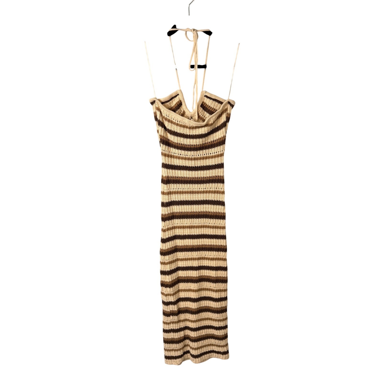 Et Clet Striped Crochet Knit Halter Neck Midi Dress Brown Beige Beach Coastal S