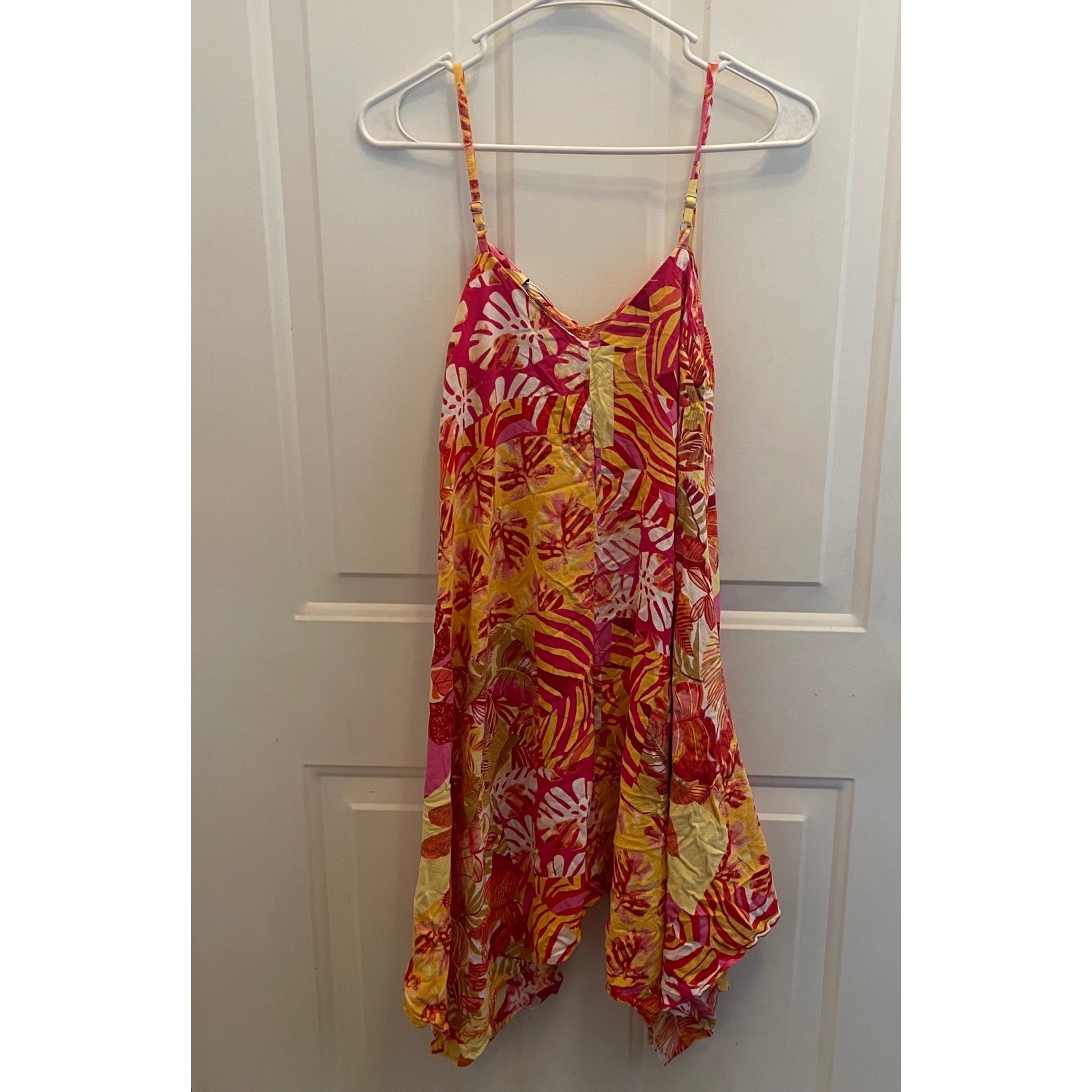 Paradise USA Tropical Leaf Sharkbite Hem Sundress Pink Orange Yellow Small