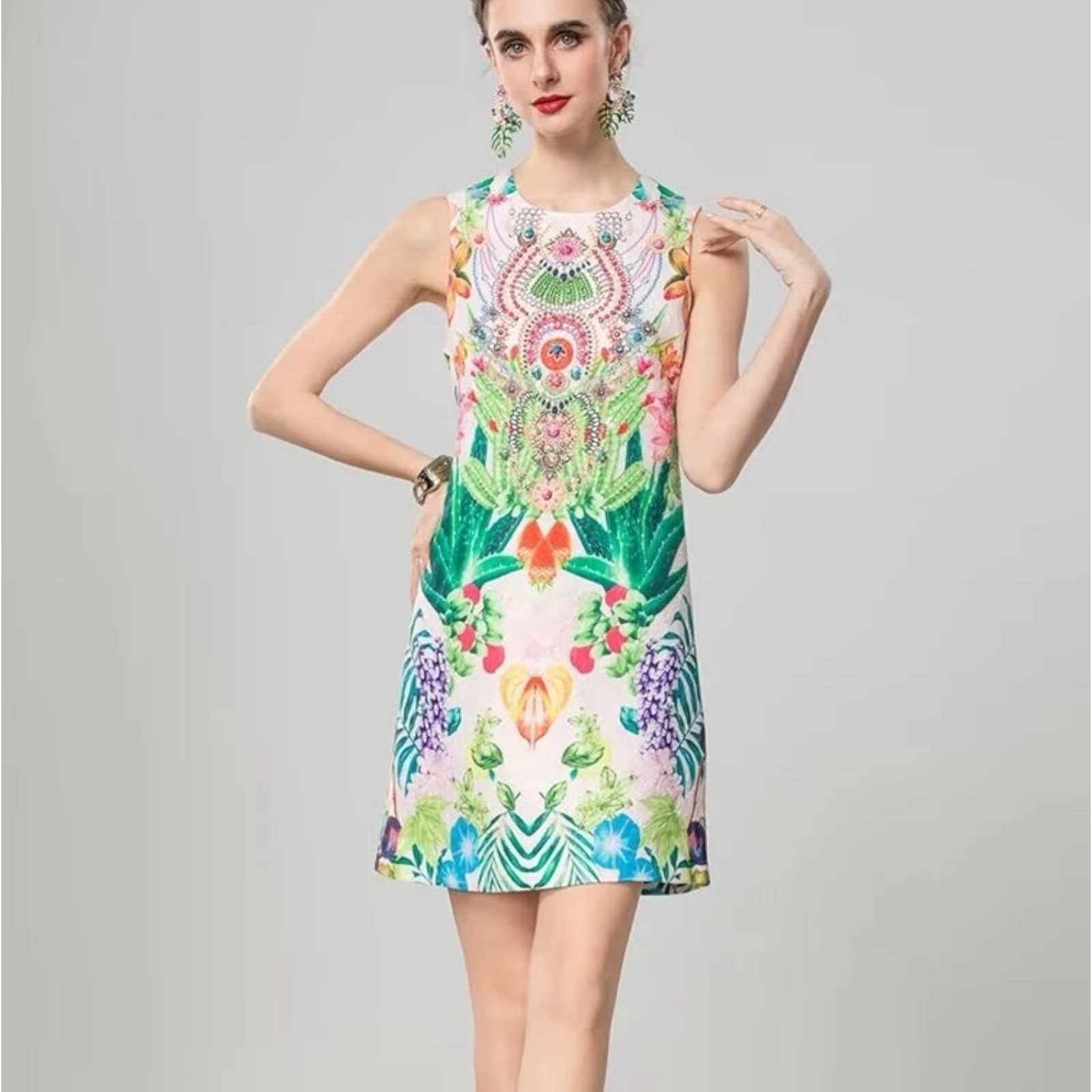 Luxury Shift-Cut Mini Dress Floral Print Rhinestone Embroidery Size L Green