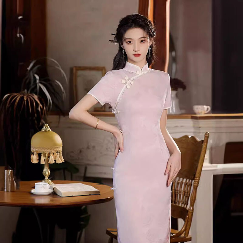 Chinese Style Lady Girls Qipao Dress Short Sleeve Students Cheongsam Long Dress