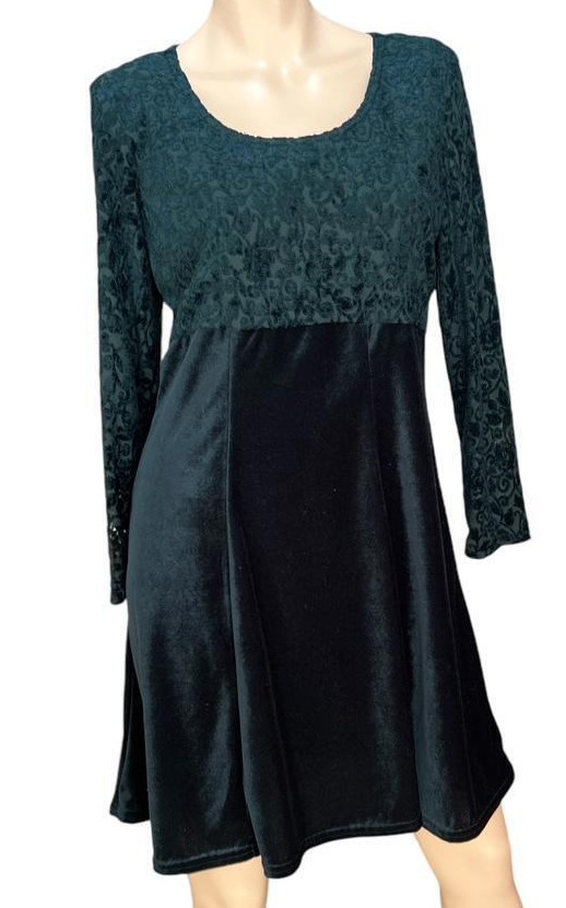 VTG Mallory Malloy Green Velour Dress 10P Lace Whimsigoth Goblincore Holiday