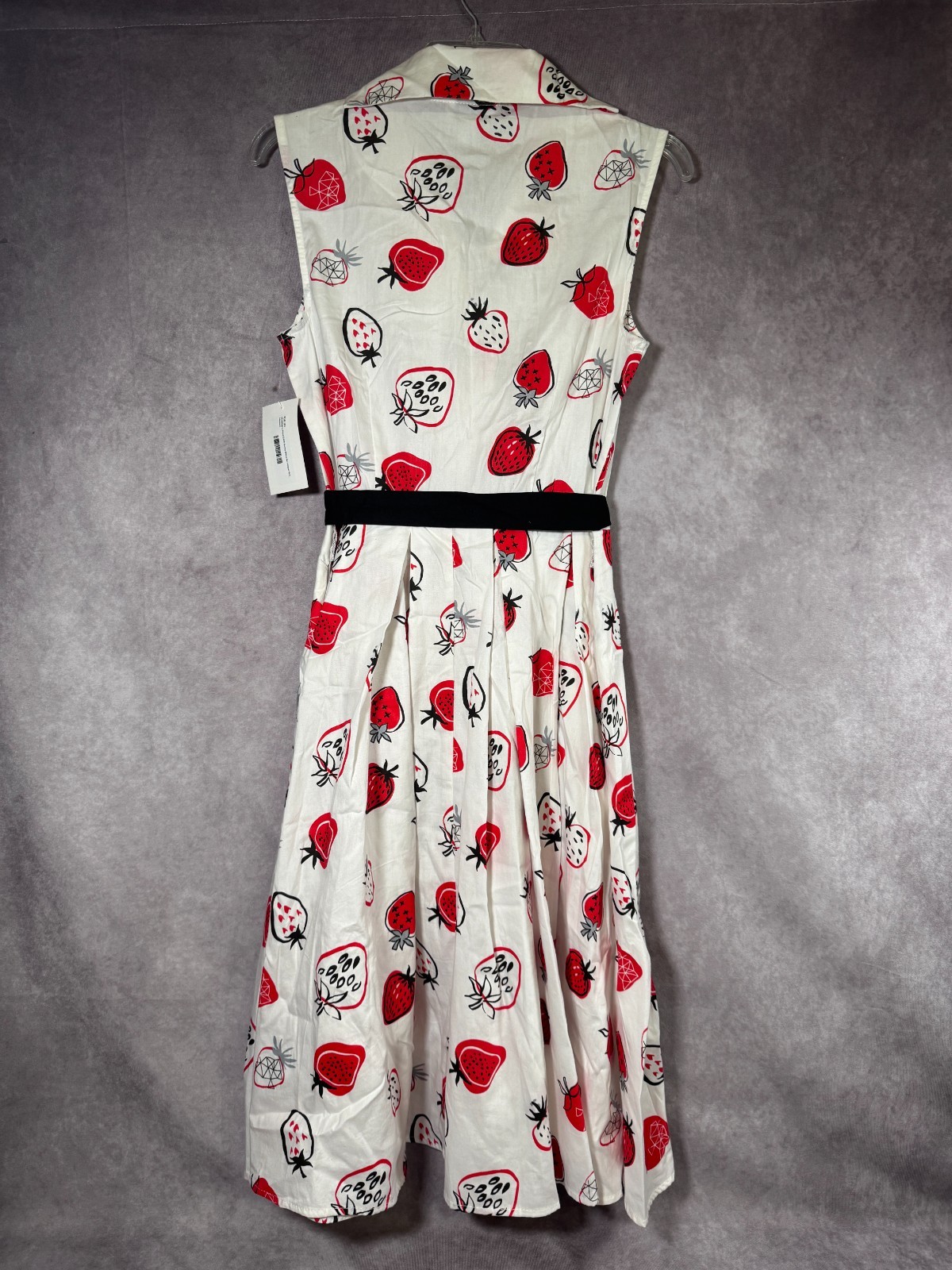 Unique Vintage MEDIUM White Strawberry Dress Retro Collared Tie Button