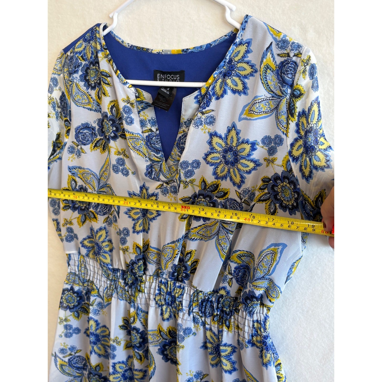 Enfocus Studio Blue Yellow Floral Smocked Waist Roll Tab Sleeve Dress Size 4
