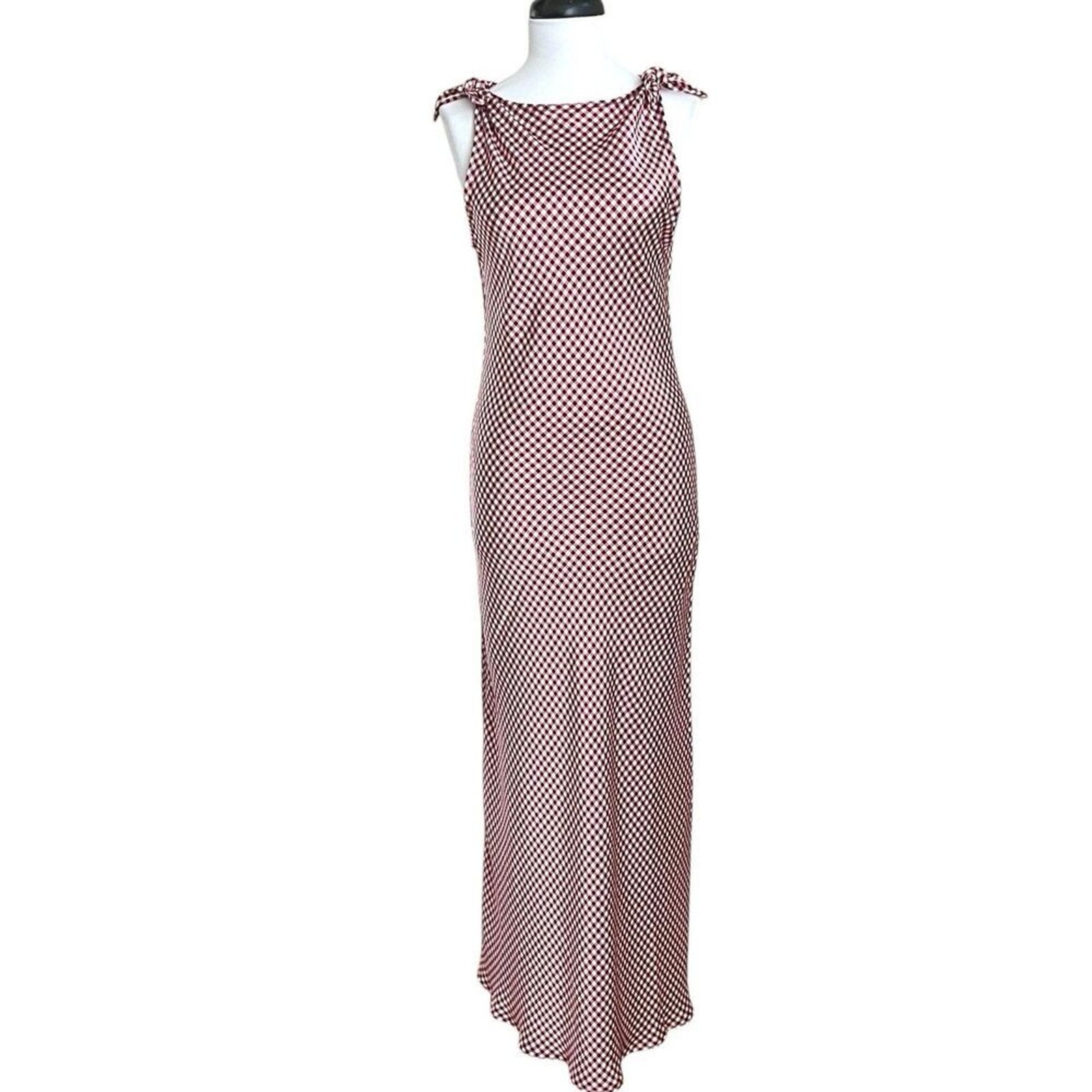 Caroline Constas Burgundy Gingham Maxi Dress M Tie Shoulder Bias Euro Summer NWT