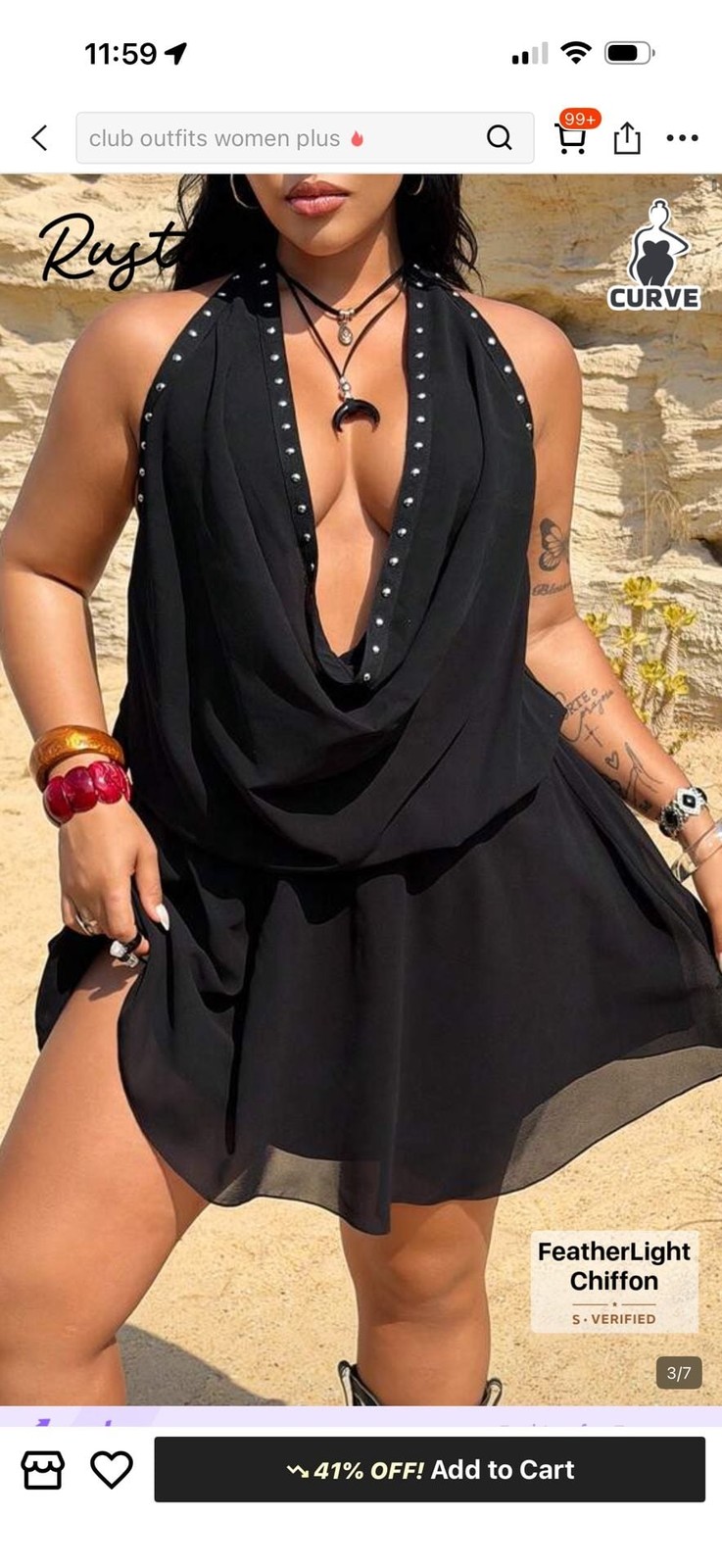Rustia Plus Size Women’s Studded Cowl Neck Backless Mini Dress
