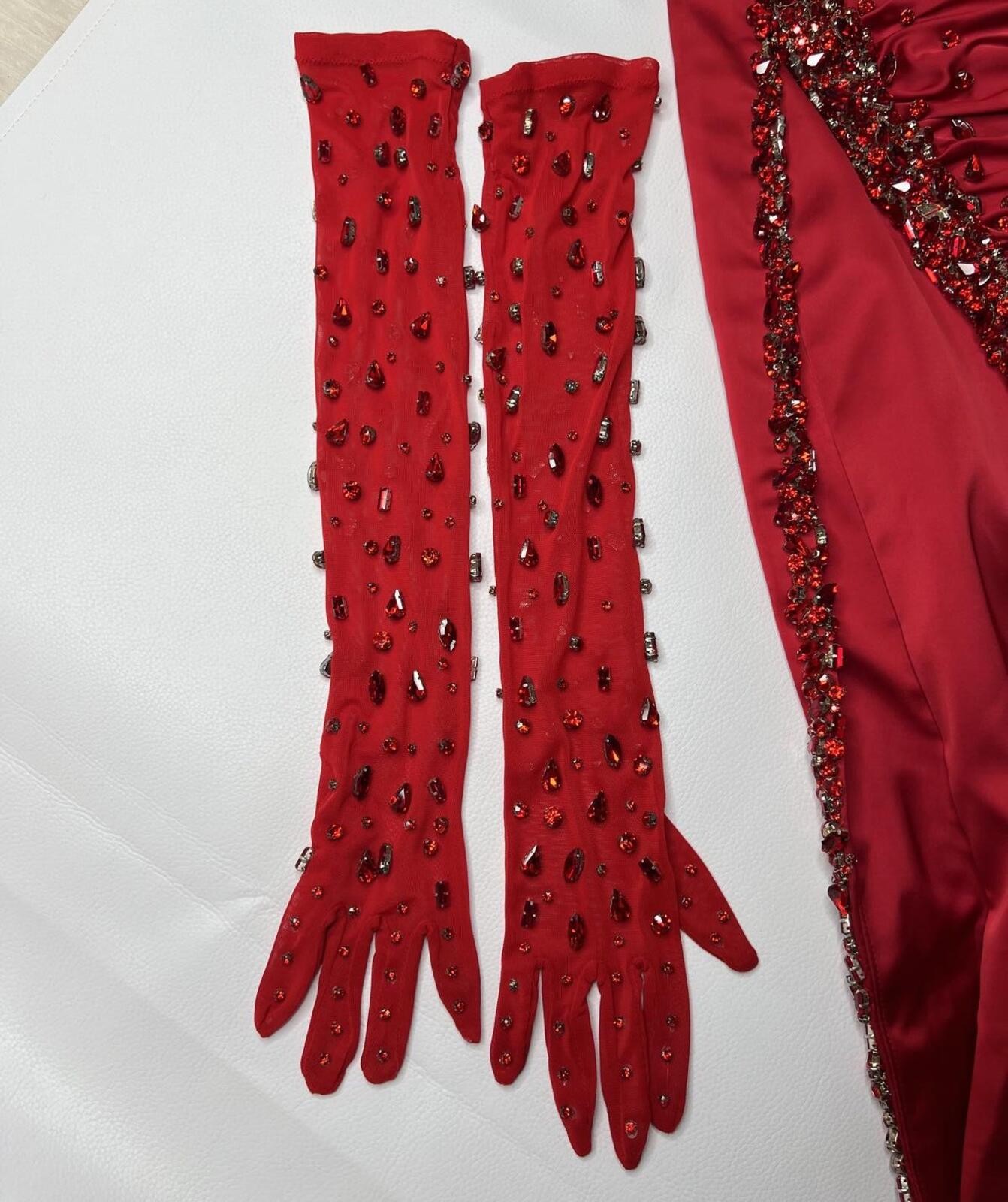 Red Strapless Evening Gown with Beaded Detailing and Matching Gloves